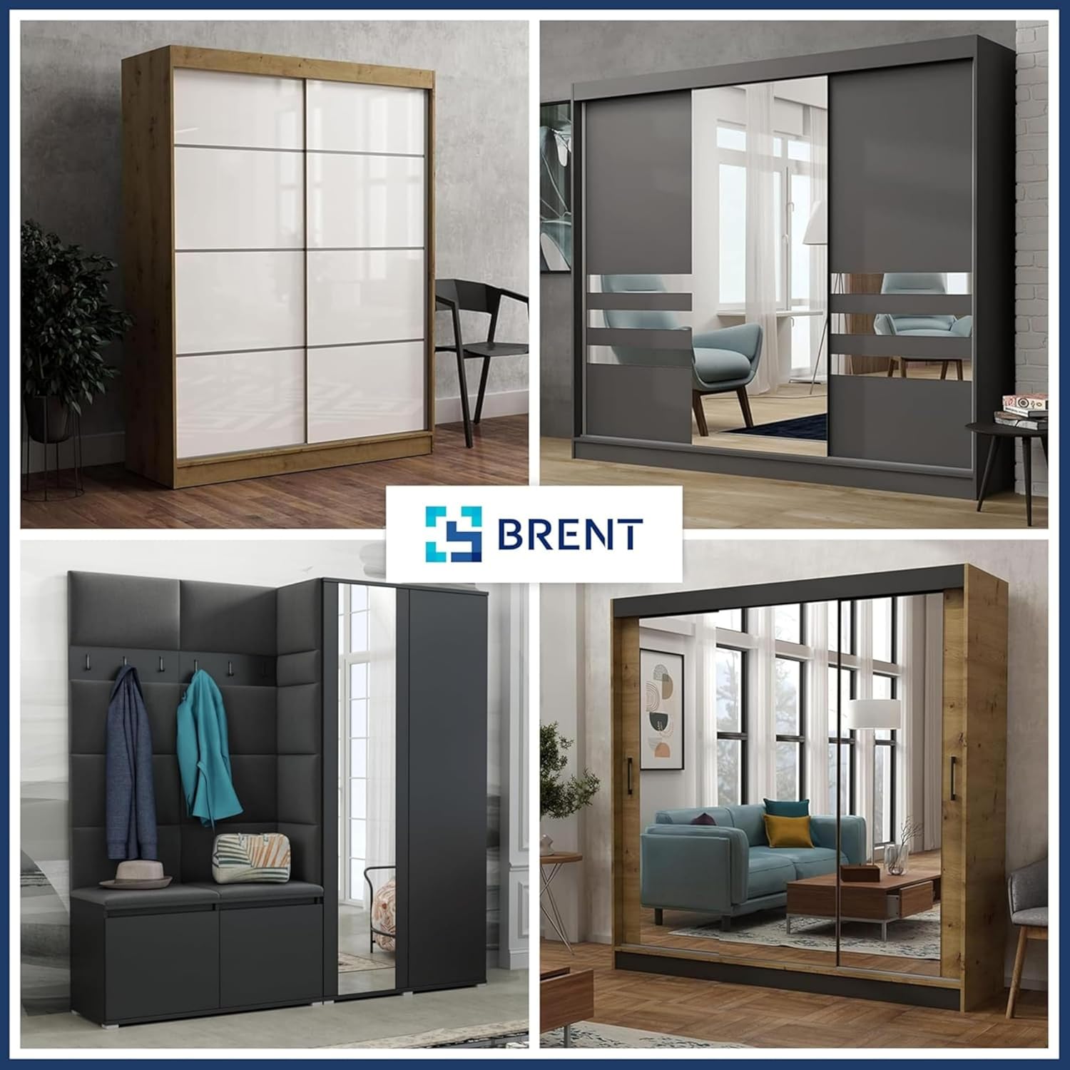 Brent - Kleiderschrank mit Spiegel 100cm Breit Windsor Tomy I Schlafzimmerschrank mit 2 Kleiderstange und Einlegeböden für Kleidung I Kleiderschrank Sonoma Eiche