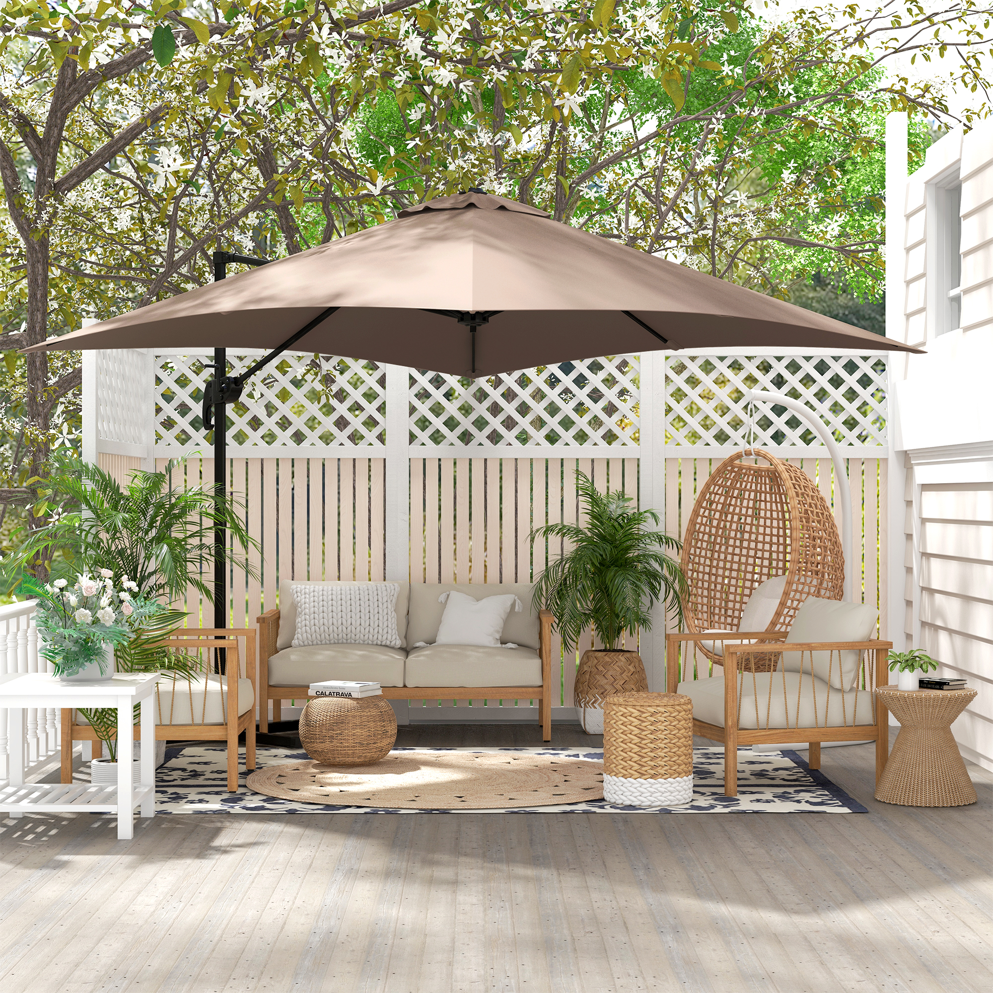 Outsunny Cantilever-Sonnenschirm quadratisch neigbar drehbar 360° Kurbel Kreuzfuß - Aluminium Abmessungen 3L x 3B x 2,6H m beige