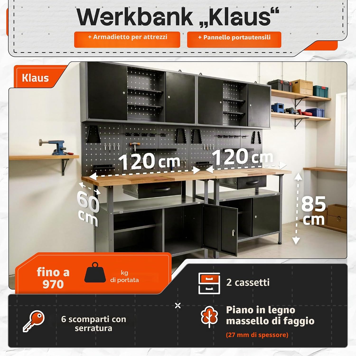 Ondis24, attrezzatura per officina e banco da lavoro grigio TÜV/GS, 2 armadietti portautensili TÜV/GS chiudibili a chiave, parete forata per strumenti con 22 ganci, 240 x 60 x 202 (altezza) cm