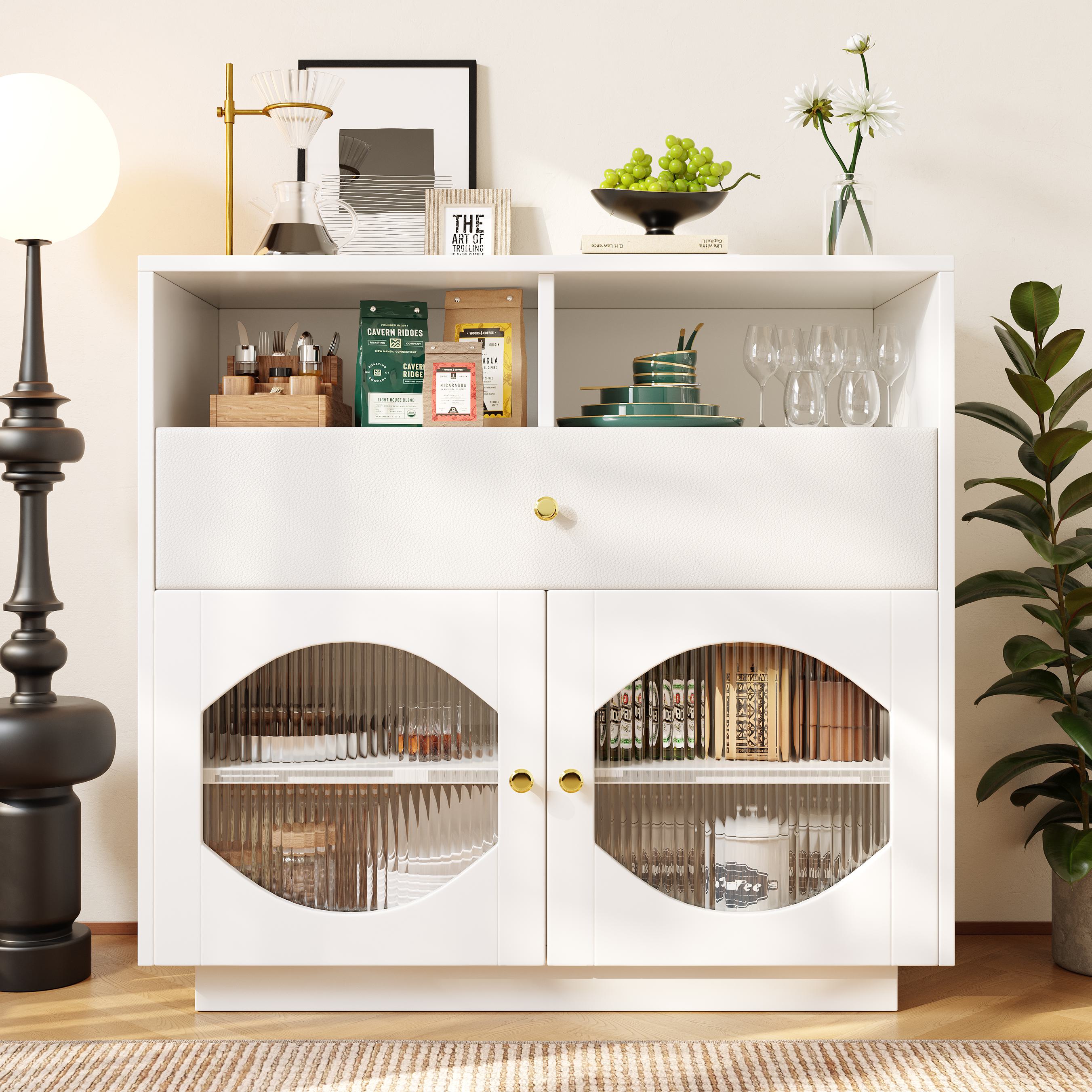 Küchenschrank Sideboard mit Glastüren, Modernes Design, Geräumiger Stauraum, 100×40×90,5 cm, Weiß