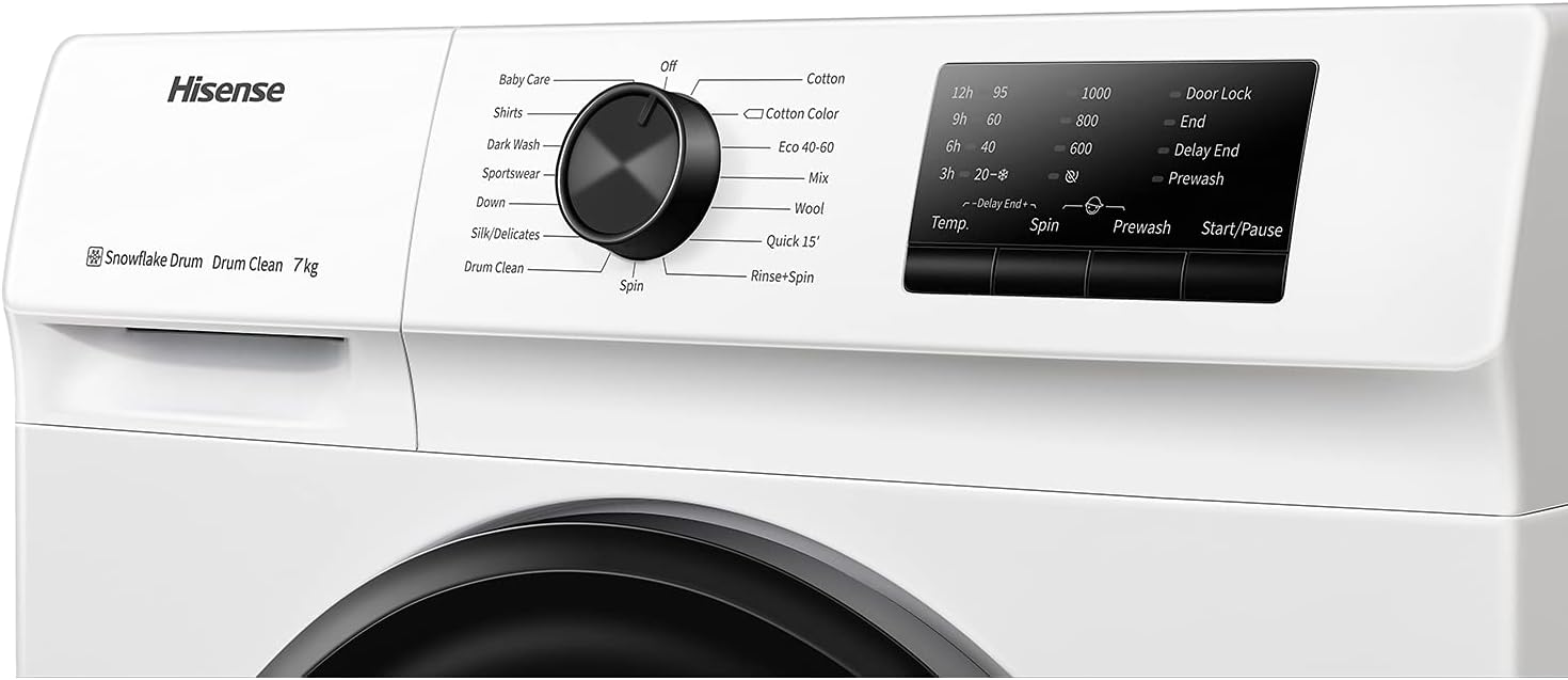 Hisense WFVB7012EM Front Load Washing Machine 7 kg 1200 rpm 15 Programs Steam LED Display Rapid Program Delay Start Child Lock