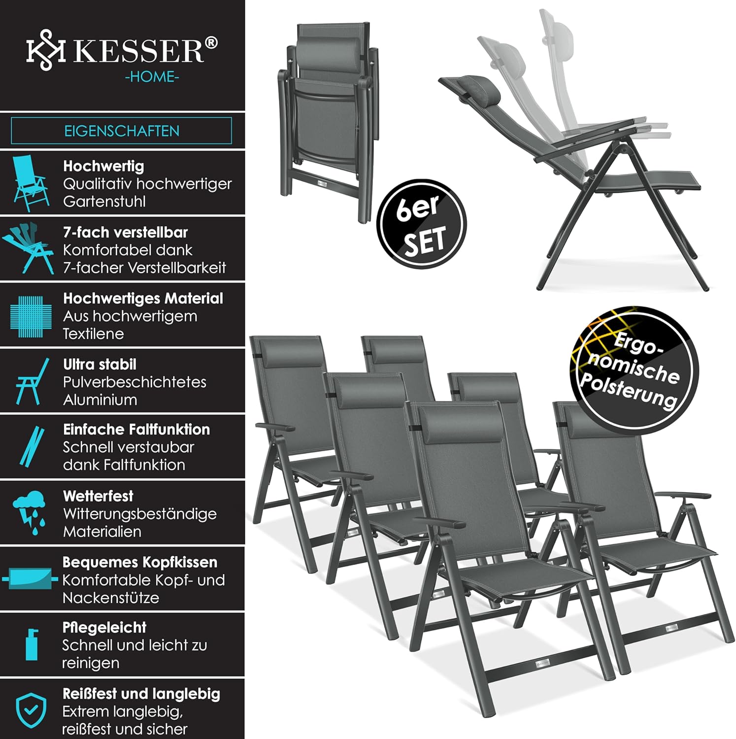 KESSER® Gartenstuhl Hochlehner mit Armlehnen 6er Set Aluminium Klappstuhl mit Kopfkissen & Abdeckung Campingstuhl 7-Fach Verstellbar Rückenlehne Atmungsaktiv Wetterfest Klappbar Anti-Rutsch, Anthrazit