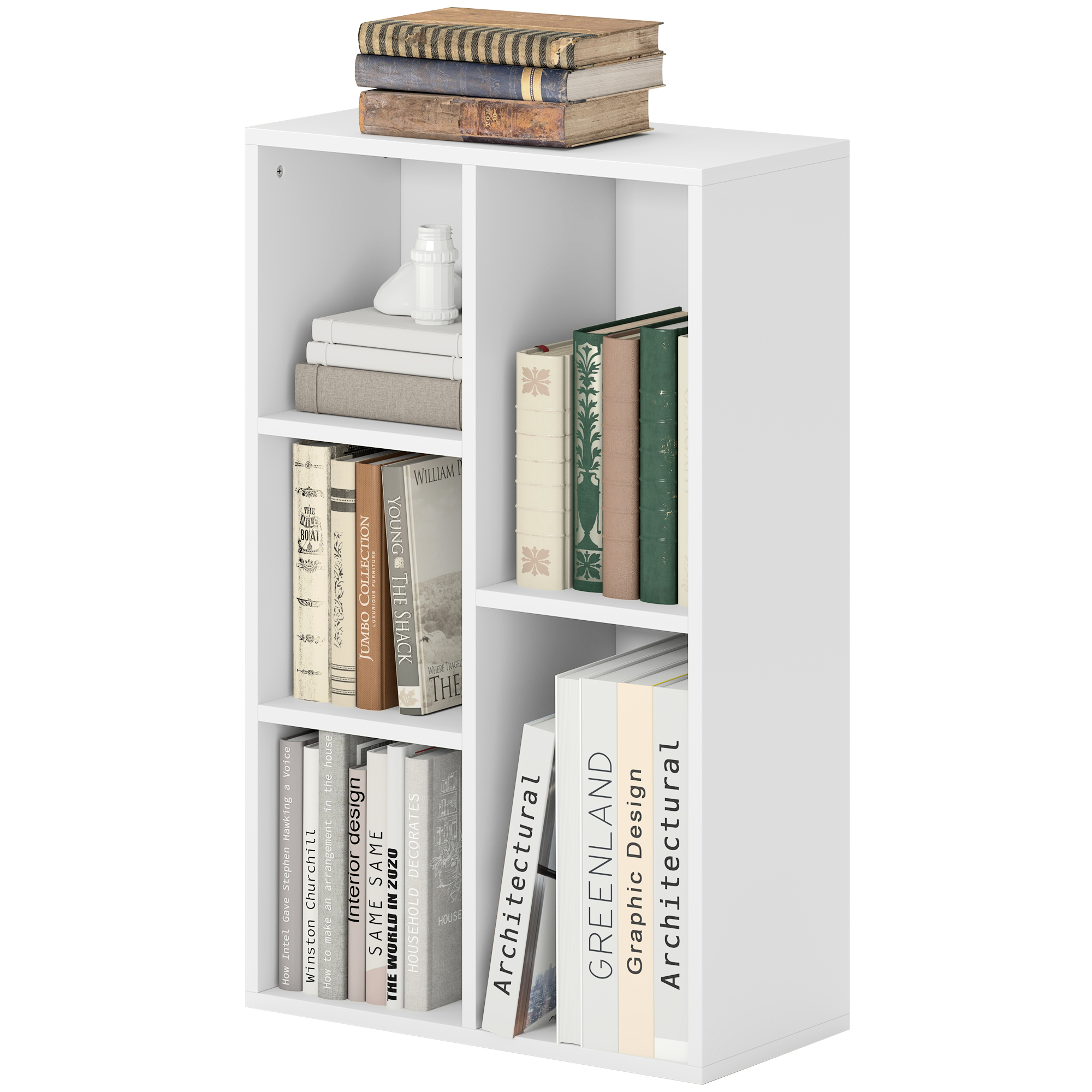 HOMCOM 2-Ebenen-Bücherregal, 5 Fächer, Spanplatte, Aufbewahrungsregal, Weiß