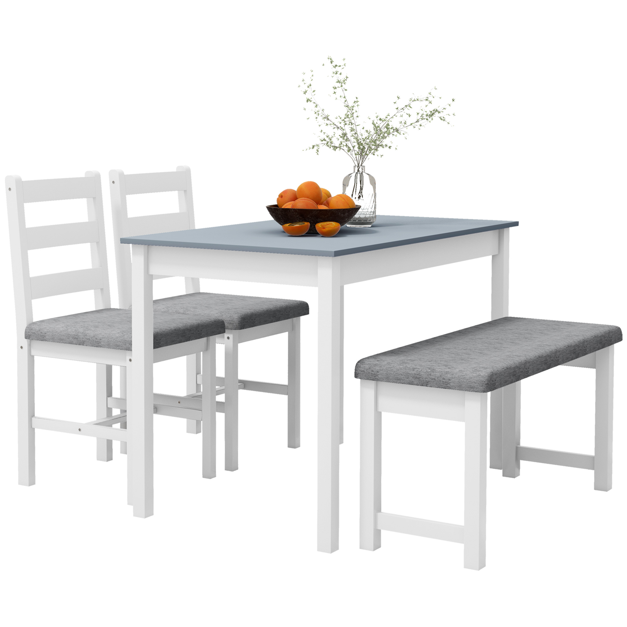 HOMCOM Sitzgruppe, 4-teiliges Esstisch-Set, 1 Tisch, 1 Bank, 2 Stühle, Grau + Weiß