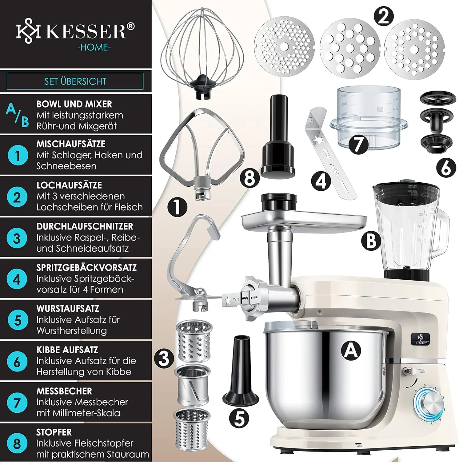 KESSER? 3 in 1 Universal K��chenmaschine K-KM 3000 mit Fleischwolf Knetmaschine Multifunktionale R��hrmaschine 5,5L Sch��ssel mit 3 R��hrwerkzeuge, 1,5L Entsafter, Zubeh?r-Set, Pasta & Geb?ckformen