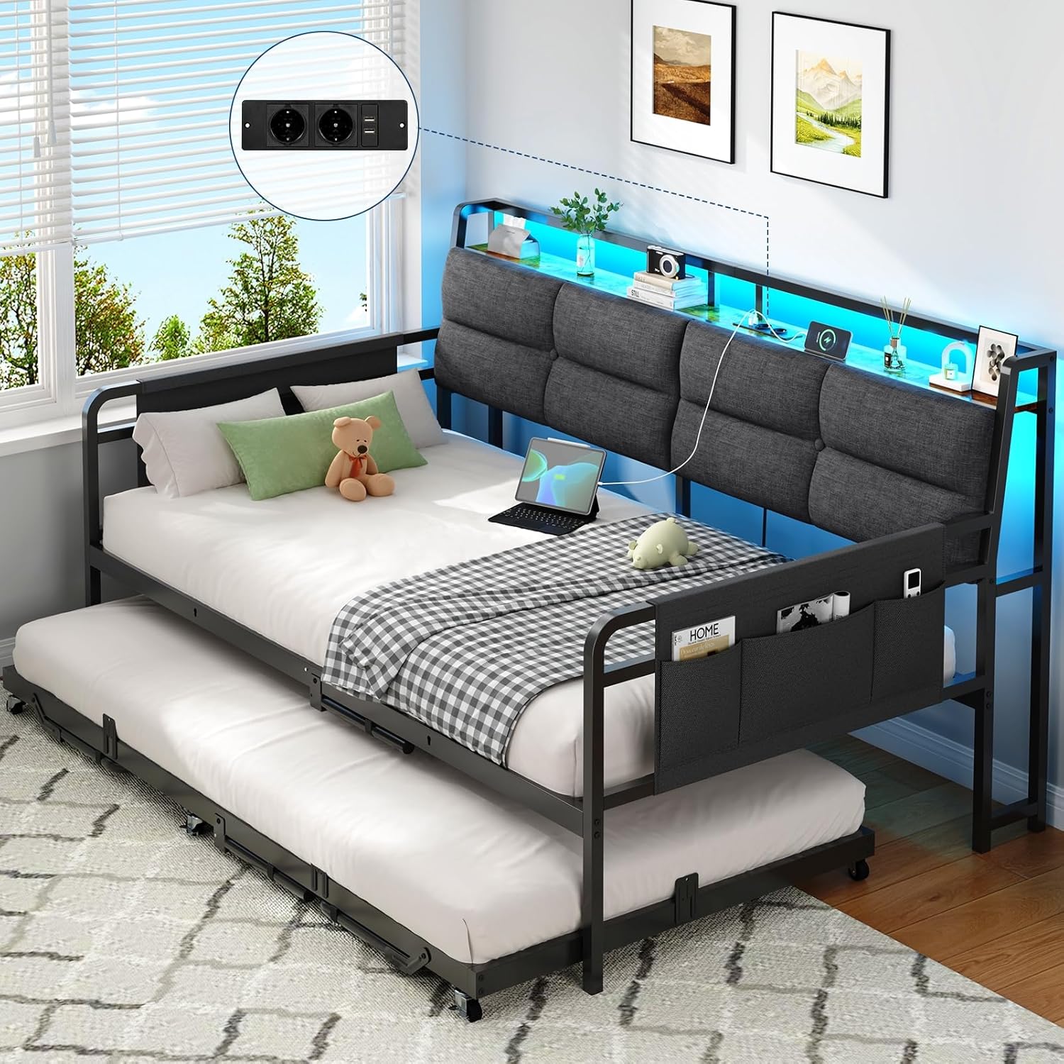 Brinlawb Schlafsofa mit Ausziehbett, Tagesbett 90x200(180x200) cm, Tagesbett Ausziehbar mit LED Beleuchtung und Ladestation (2 AC-Steckdosen, 2 USB-Anschlüsse) Einzelbett und Doppelbett, Gästebett