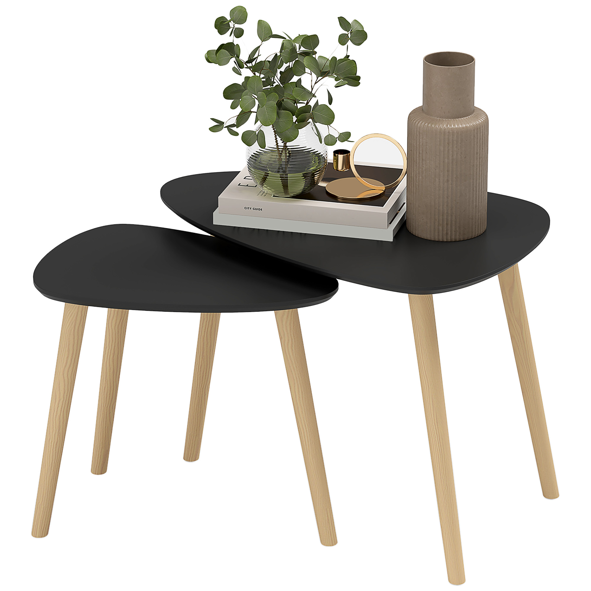 HOMCOM Set mit 2 skandinavischen Couchtischen, Beine aus Holz und Plateau aus Holz, Schwarz