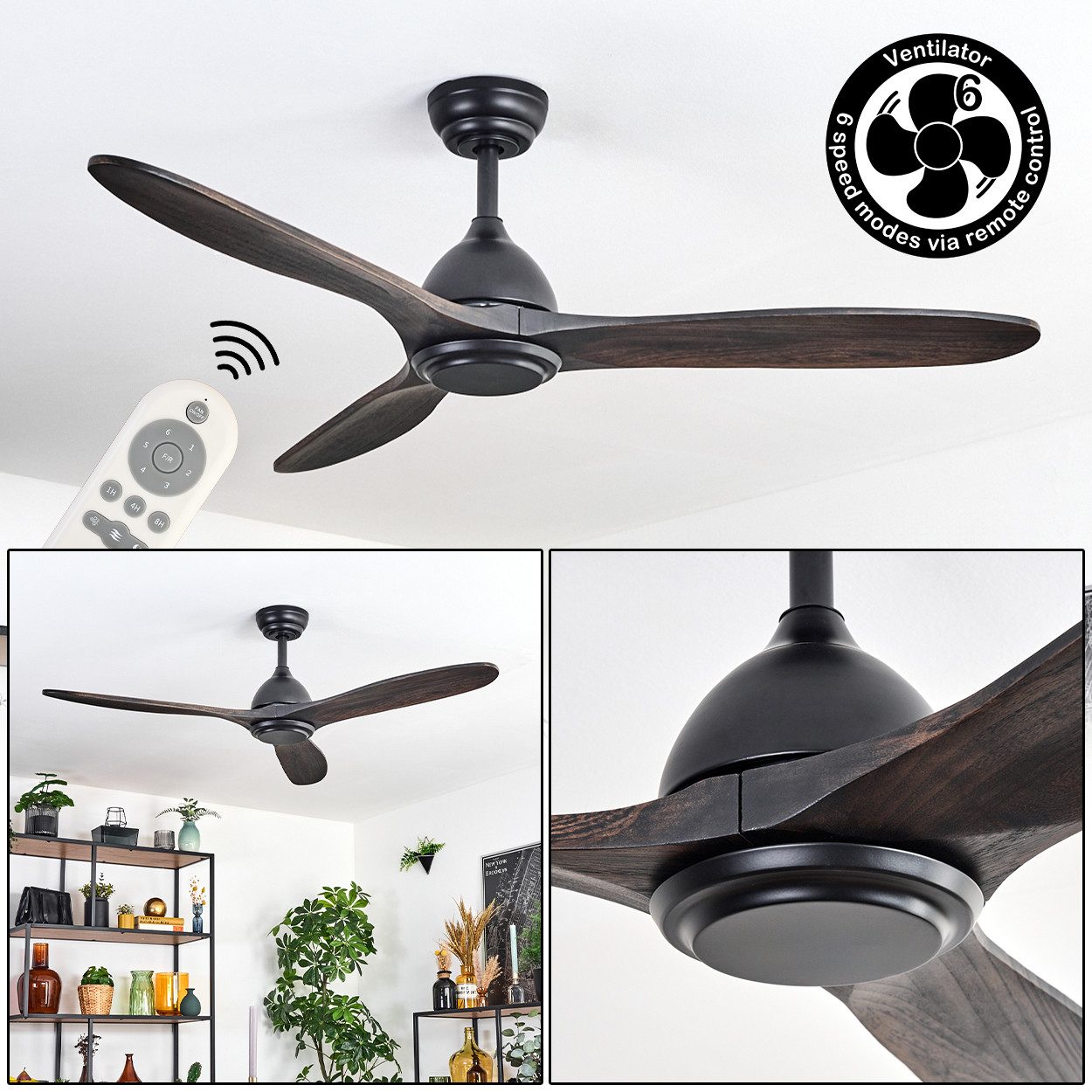 Deckenventilator Deckenventilator aus Metall/Holz in Schwarz/Mahagoni, (116 cm)