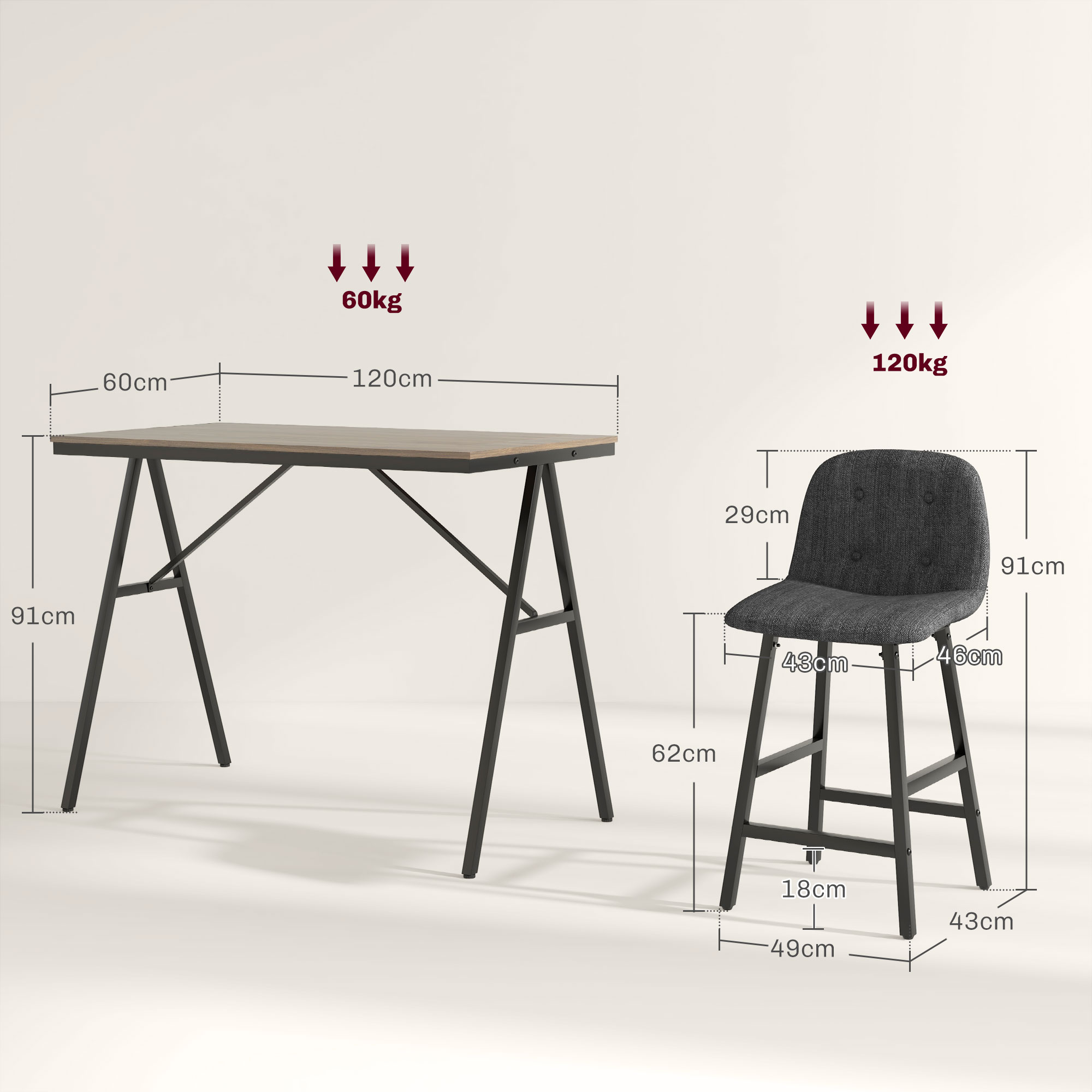 5-delige Bargarnituur, Tafel en 4 Stoelen, Knoopafwerking, Dikke Bekleding, Linnenlook, Donkergrijs