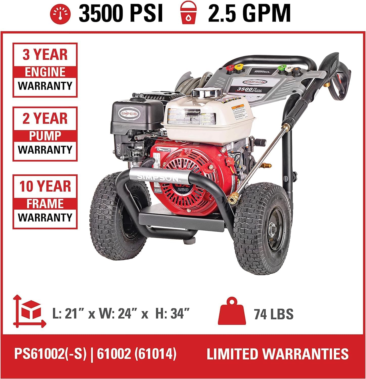 Simpson 61014 3500 PSI at 2.5 GPM Honda GX200 with AAA AX300 Axial Cam Pump Cold Water Professional Gas Pressure Washer PS61002-S