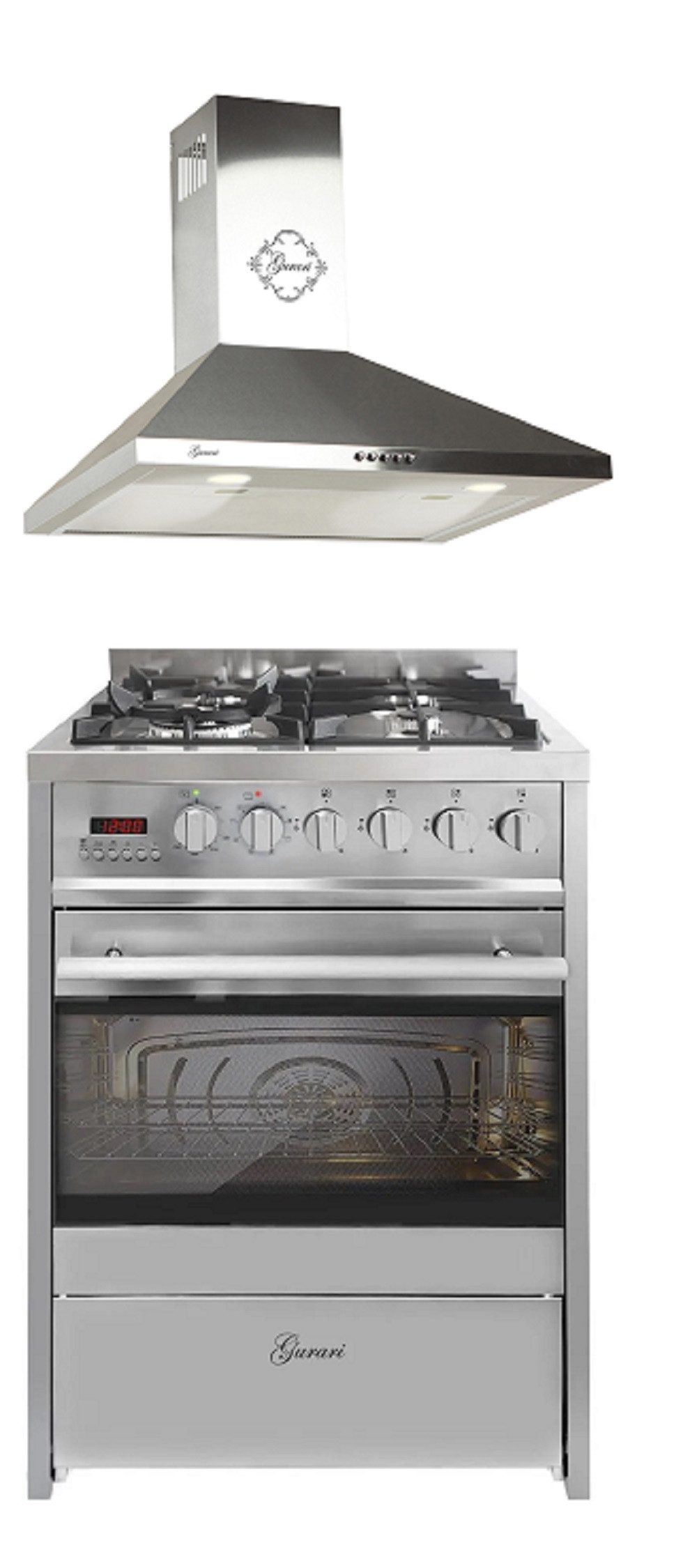 Gas-Standherd 60 cm Edelstahl Gasherd mit Elektrobackofen 60 L Range Coocker mit Dunstabzugshaube 60 cm, in Edelstahl, 1000m³/h,Sehr Saugstark, 3 Stufen,Abzugshaube GCH E 610 X+GCH 147 IS 6