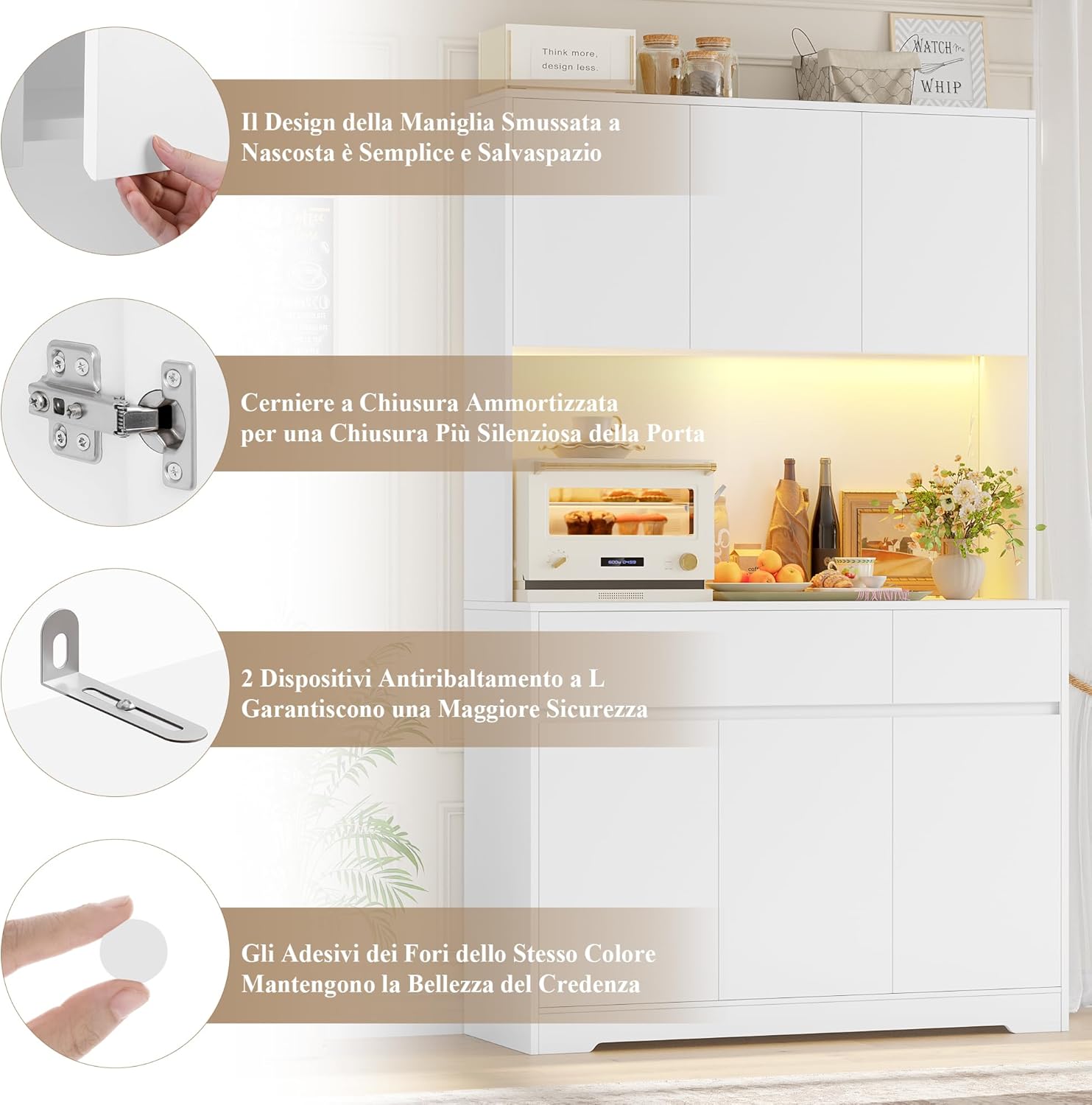 FirFurd Mobile Cucina, Credenza Cucina Alta con Presa e Luce LED, Mobile Dispensa con Ripiani Regolabili, Ampio Piano di Lavoro, per Sala da Pranzo, Soggiorno, 100x38,5x180cm (Bianco)