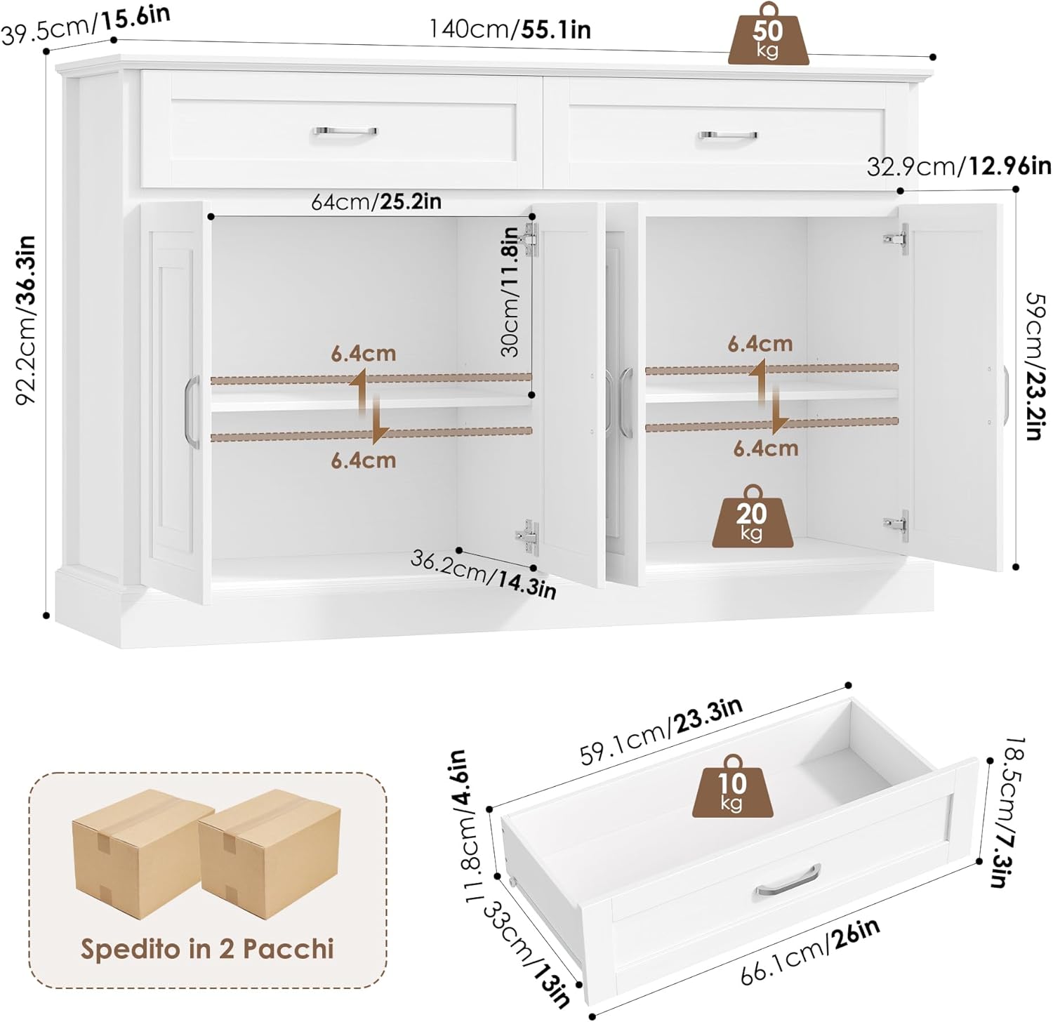 FirFurd 140CM Credenza Cucina,Mobile Cucina con 2 Cassetti e 4 Ante, Madia Soggiorno Moderna con Ripiani Regolabili e Rimovibile, per Cucina, Sala da Pranzo, Soggiorno, 140x39.5x92.2cm Bianco