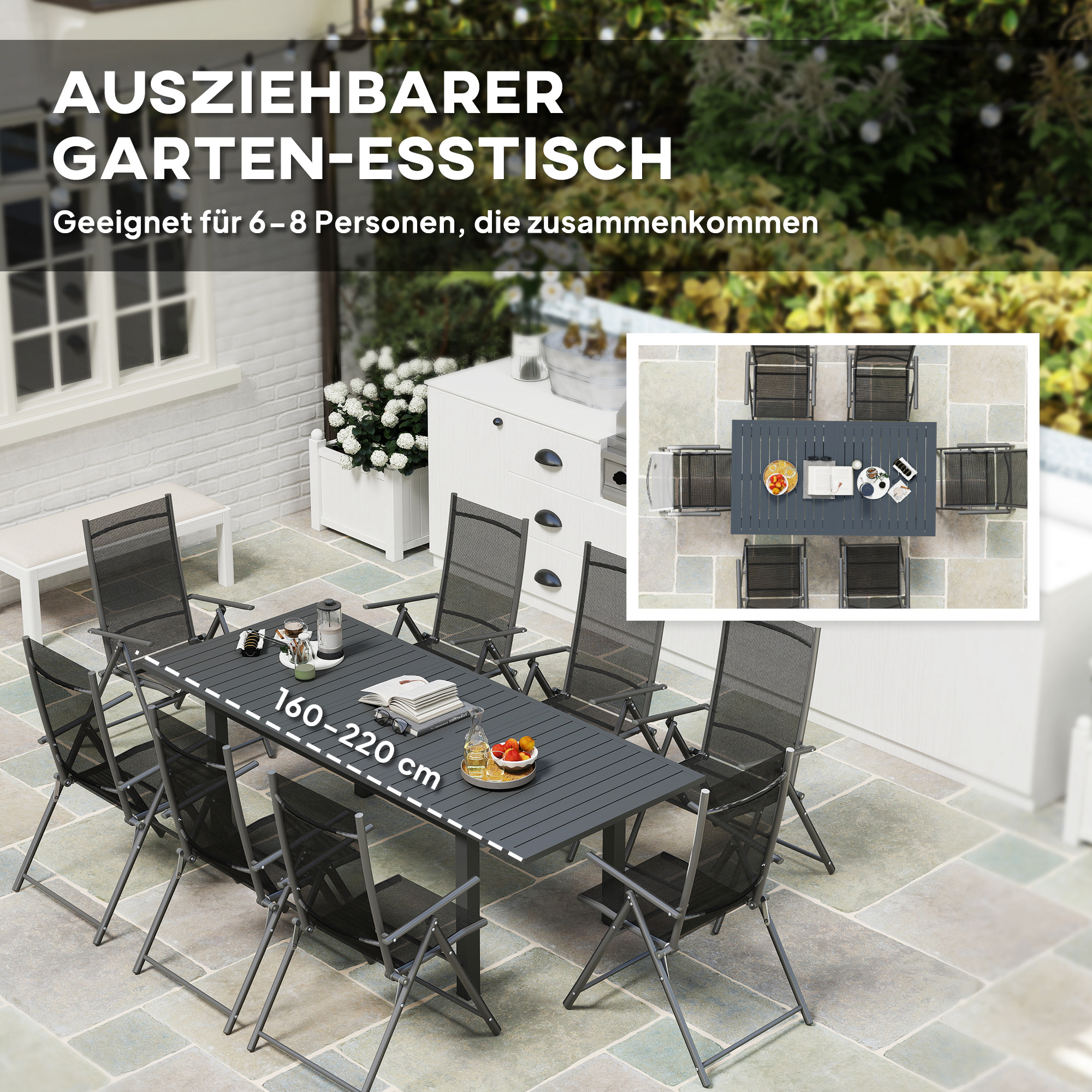 Outsunny Uitschuifbare Tuintafel Aluminium 160/220x90 cm Weerbestendig, Antislip Buffettafel Grijs
