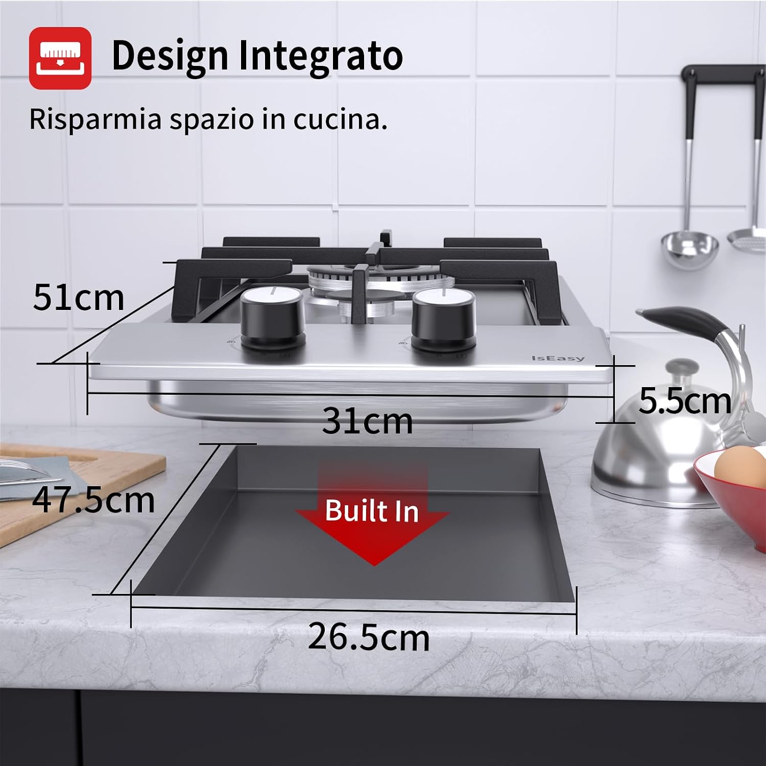 Piano Cottura a Gas 2 Fuochi da Incasso 60cm – Acciaio Inossidabile