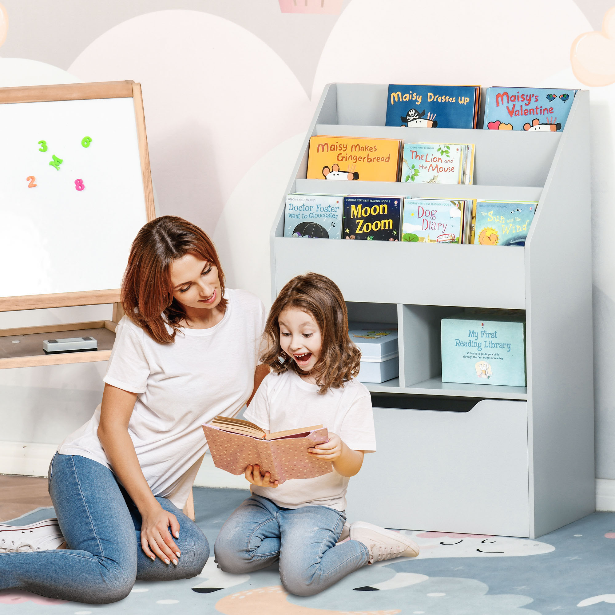 HOMCOM Bücherregal Regal Multi-Rangement 3 Regale 2 Fächer Große Schublade aus Holz Grau