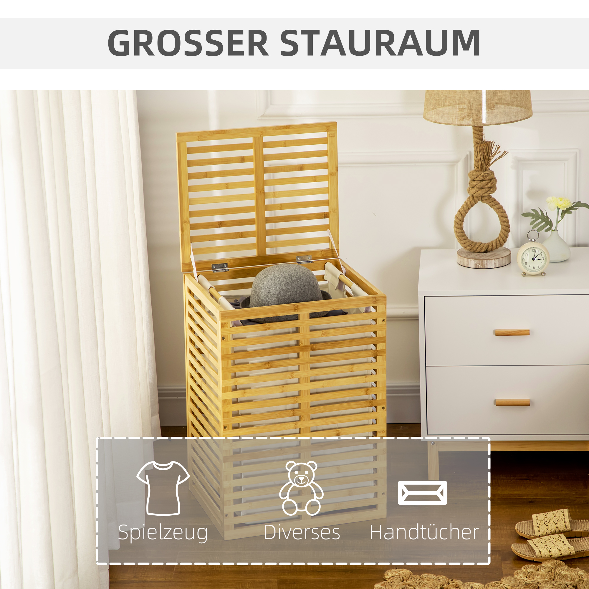 Bamboe Wasmand 63 L met Deksel en Uitneembare Waszak, Stok 44 x 37 x 62,5 cm in Natuurhout