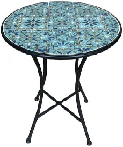 Set of Round Table with 2 Chairs in Metal and Ceramic Mosaic Garden Furniture Blue Sea Terrace Balcony Bar Pub Hotel