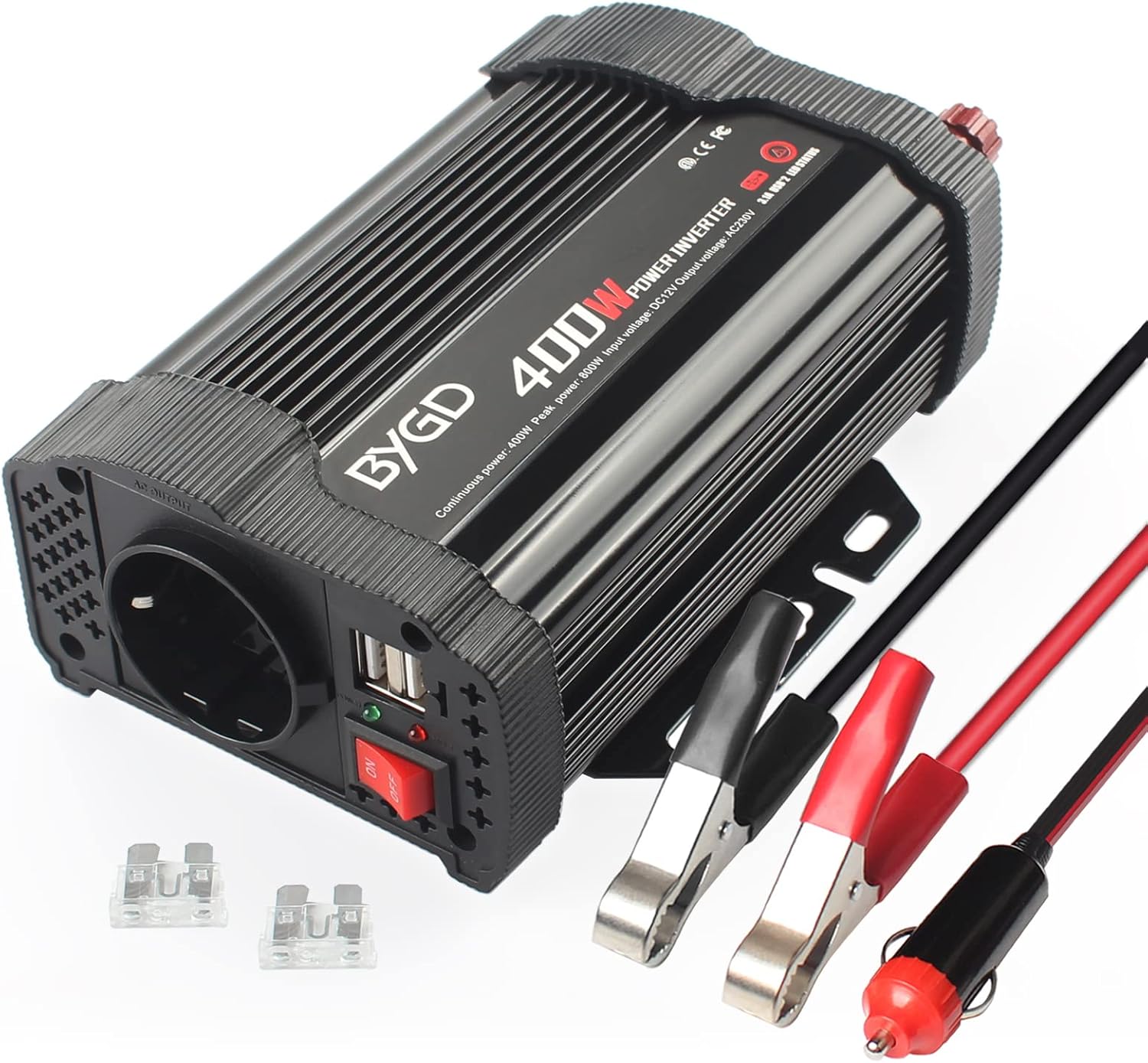 12V Invertitore Corrente per Veicoli, 200w Convertitore Potenza DC a AC 220-230V, con Accendisigari e Clip Batteria