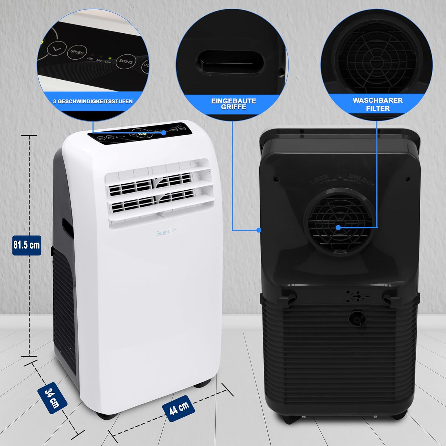 SereneLife Klimaanlage mobil, 3-in-1 mobiles Klimagert mit Abluftschlauch - Luftkühler, Luftentfeuchter & Ventilator, air conditioner 9.000 BTU, 1,5 L Feuchtigkeit/Stunde, kühlt Rume bis 42 m