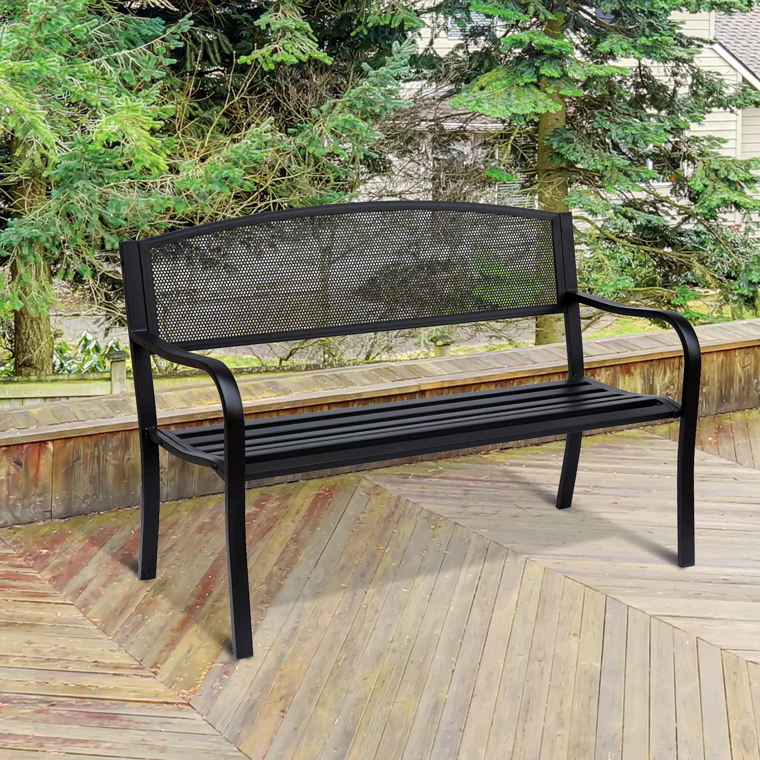 Outsunny Gartenbank Sitzbank Parkbank 2-Sitzer Garten Stahl Schwarz B127 x T60 x H87cm