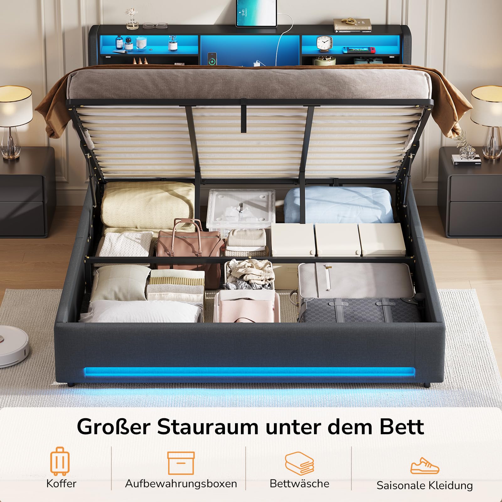 Polsterbett 180x200 cm mit LED-Beleuchtung, Bettkasten und USB-C-Ladestation inkl. Lattenrost