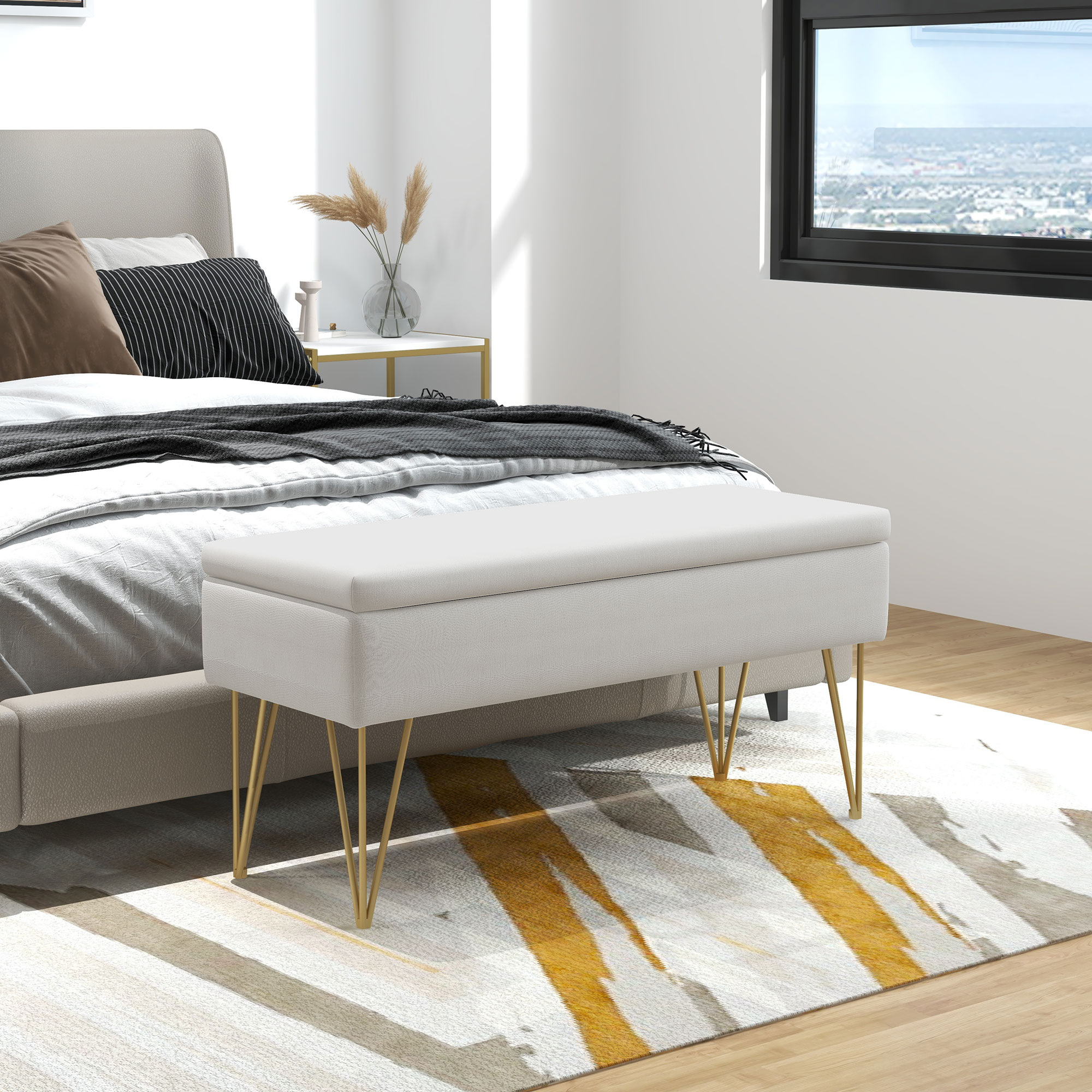 HOMCOM Bettbank mit Stauraum, dicke Polsterung, atmungsaktiver Stoff, Stahlfüße, 100x40x49 cm, Creme