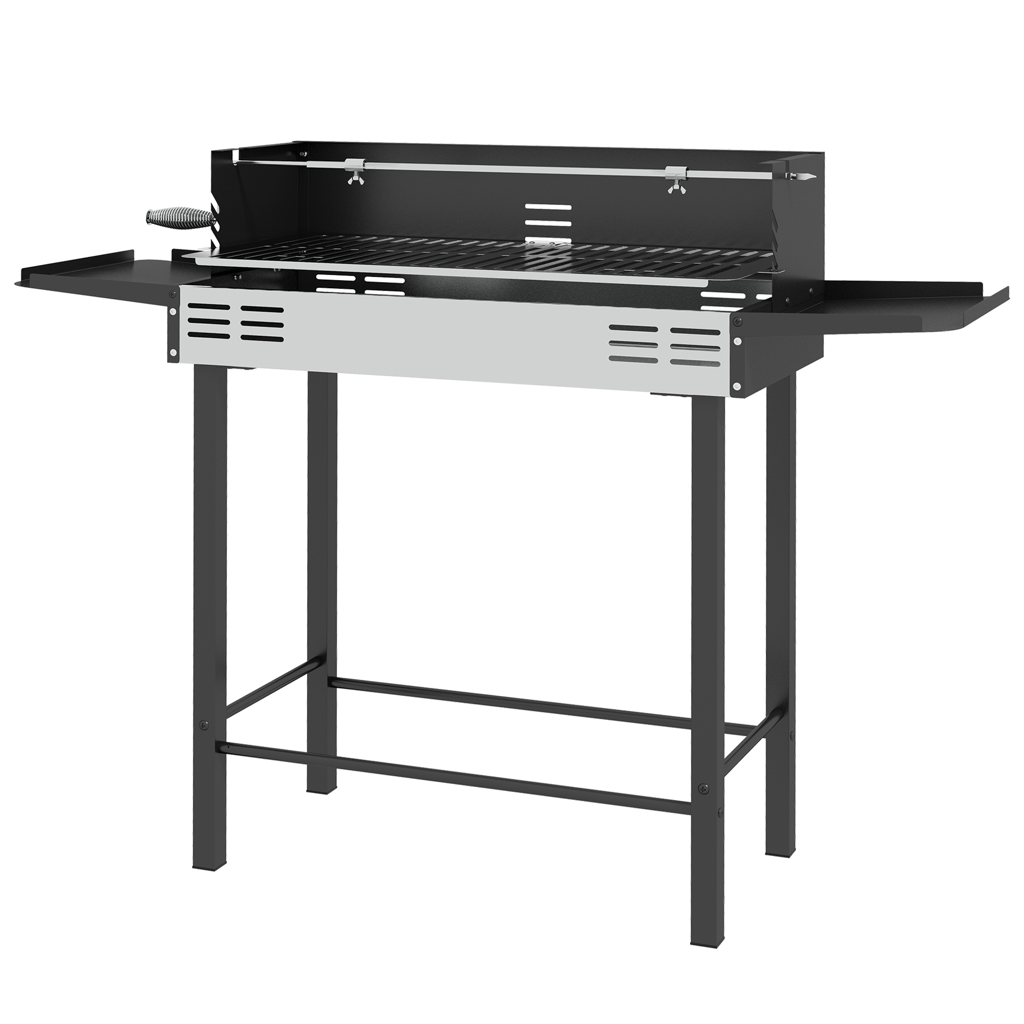 Outsunny Holzkohlegrill Grill BBQ-Grill, verstellbares Rost, 1 Drehspieß, 118 x 32 x 90 cm, Schwarz + Silber