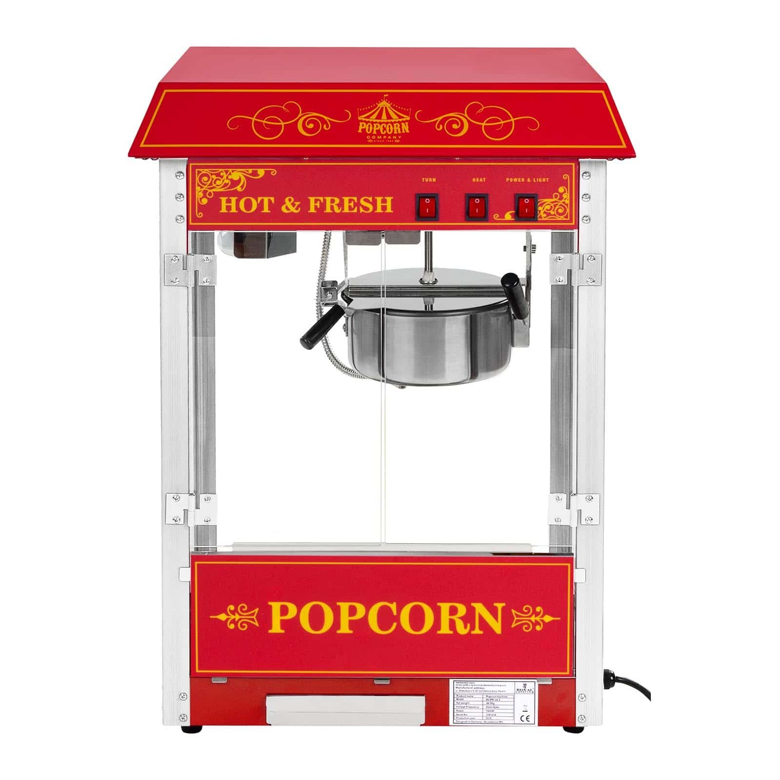 Royal Catering Popcornmaschine 1500 W 5 kg/h Popcorn Maker Retro Vintage Design rot für Kino Party Zuhause