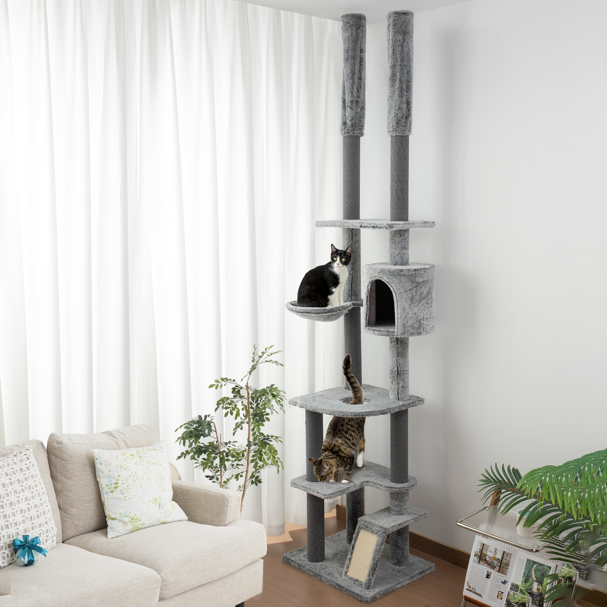PawHut Kratzbaum, 4 Etagen, deckenhoch, verstellbar 225-255 cm, Hängematte, Haus, Grau