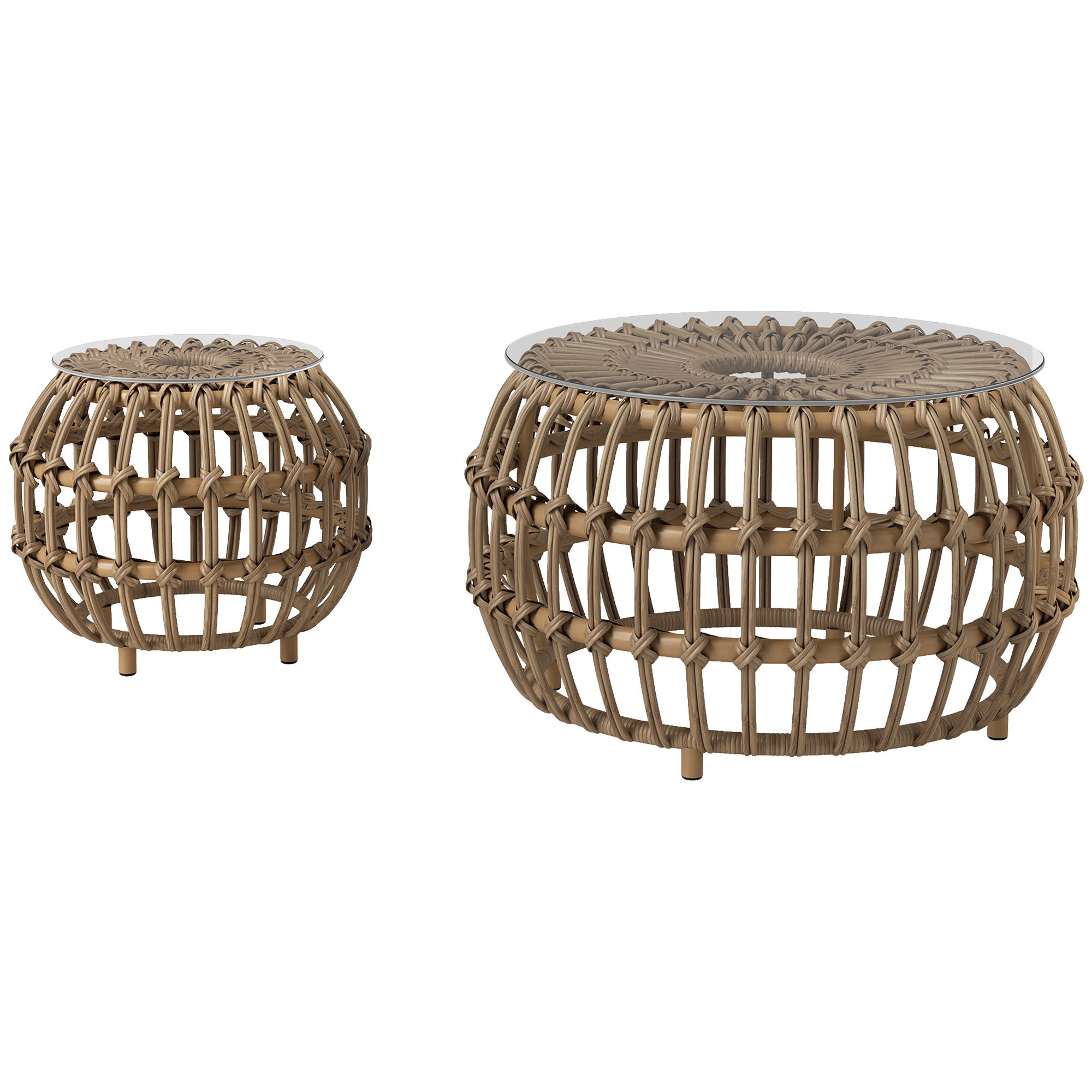 Outsunny 2er Set Beistelltisch Polyrattan Ø66/42 cm rund wetterfest Gartentisch mit Glasplatte Braun