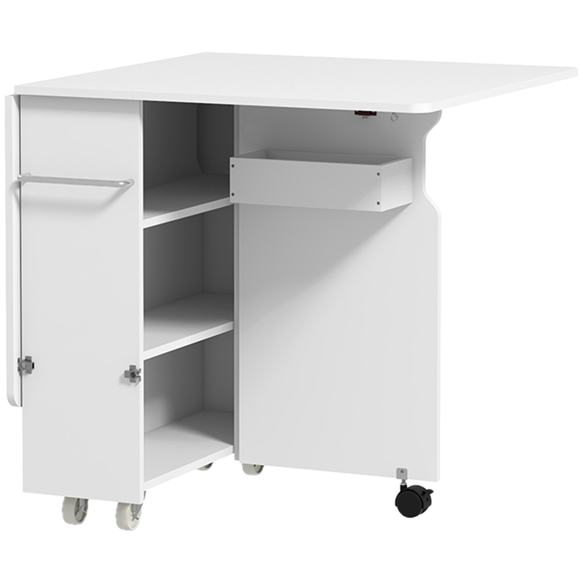 HOMCOM Klapptisch mit 3-stufigen Regalen, Box und Rollen, aus MDF, 130x80x76.5 cm, Weiß