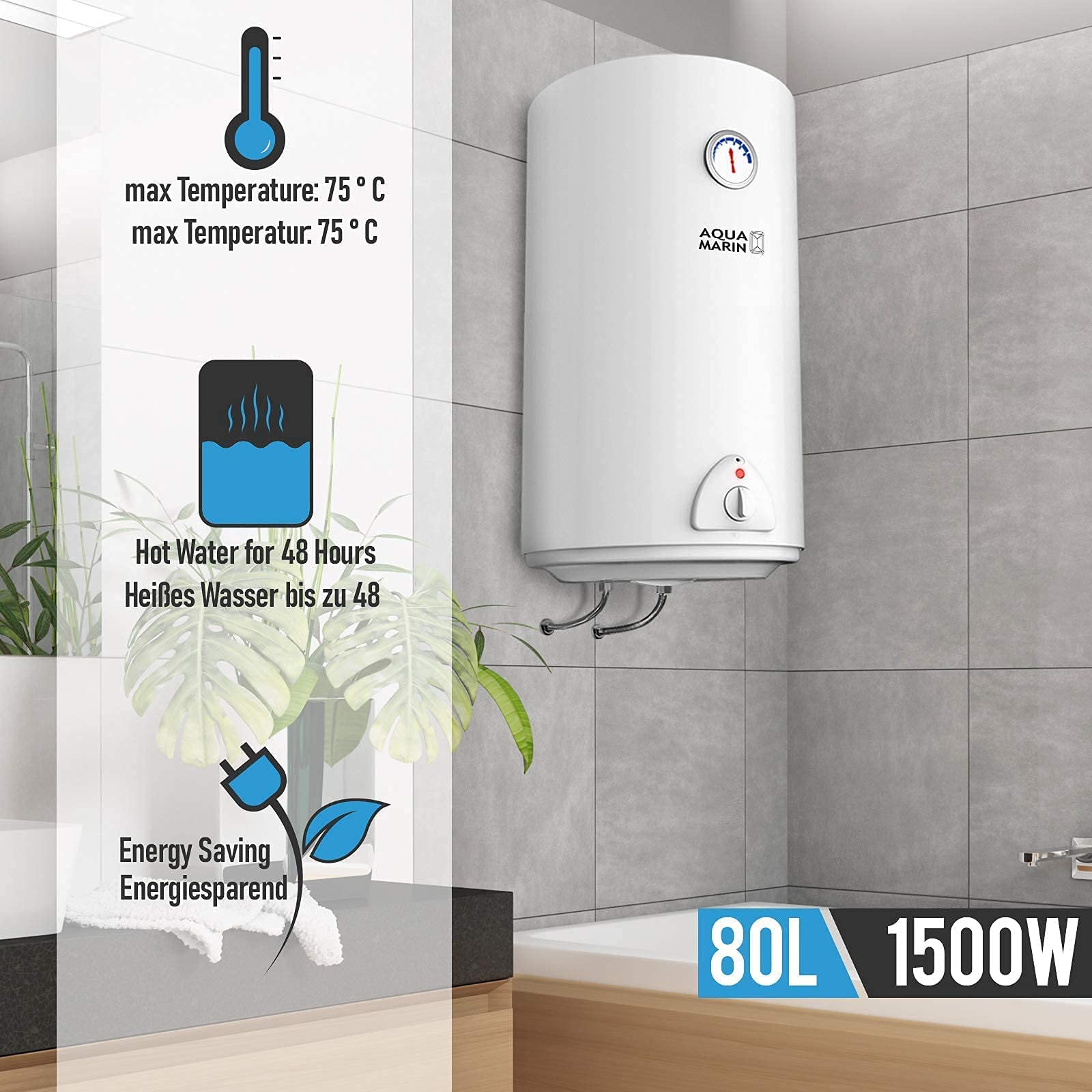 Warmwasserspeicher Elektro 80 l energiesparend 1500 W Heizleistung max 75°C Sicherheitsventil Magnesiumanode