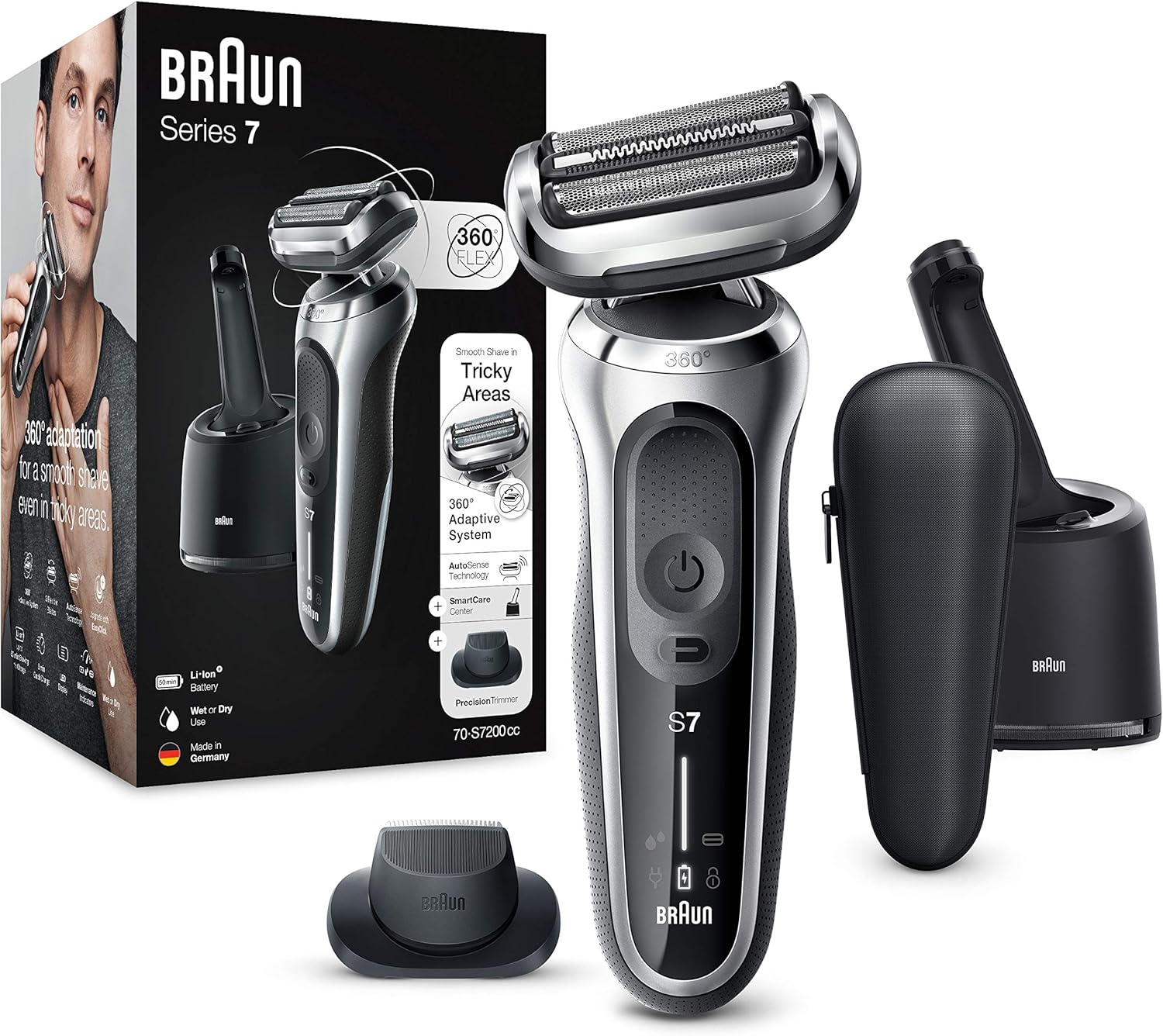 Braun Series 7, Rasoio Elettrico Barba, Custodia da Viaggio, con Testa e Lame Flessibili, Base di Ricarica, Idea Regalo, 70-S7200cc Grigio