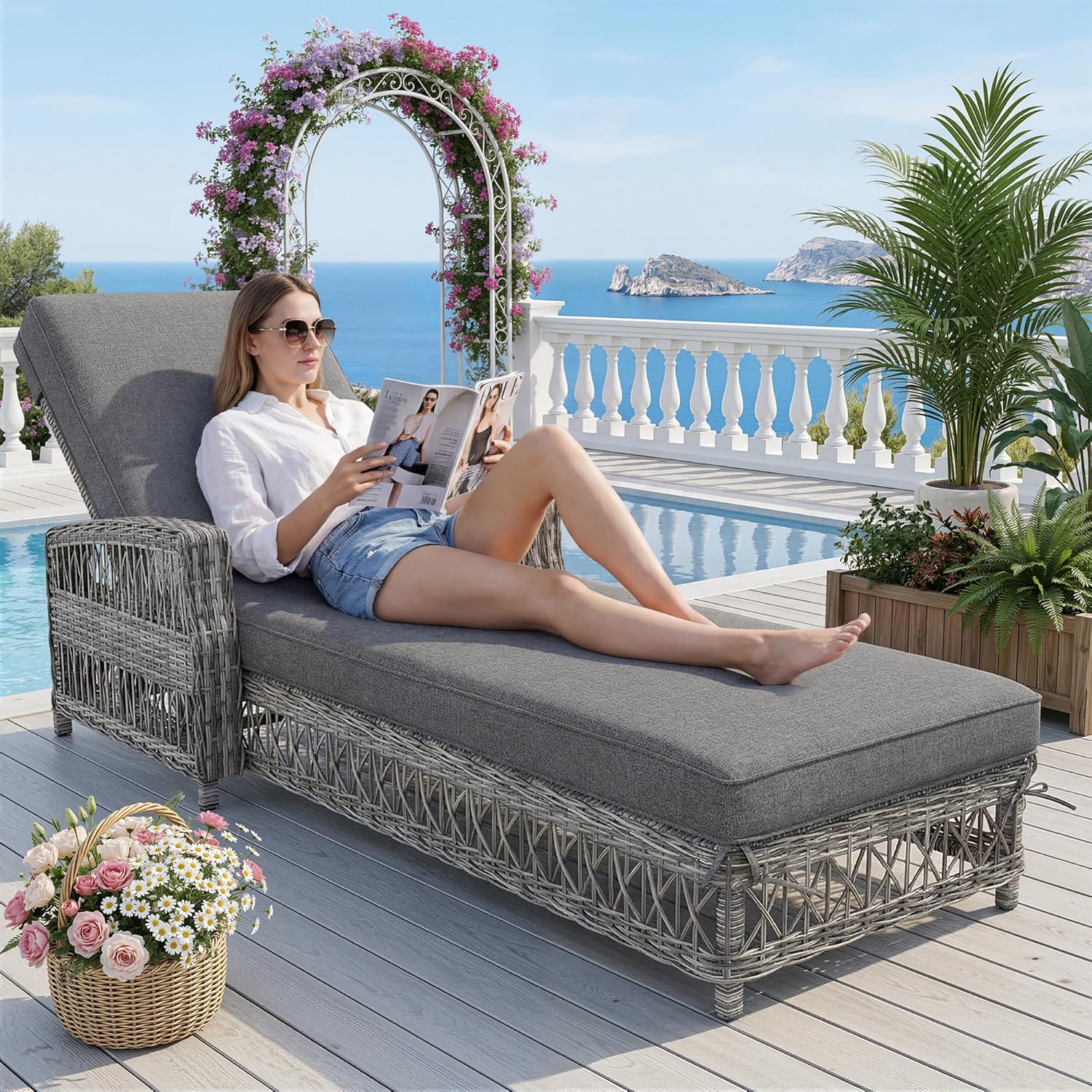 Lcoho Outdoor-Liege aus Rattan(1 Set), wetterfeste Sonnenliege mit Verstellbarer Rückenlehne, Gartenliege mit abnehmbarem Kissen, für Terrasse, Balkon, Poolbereich, grau