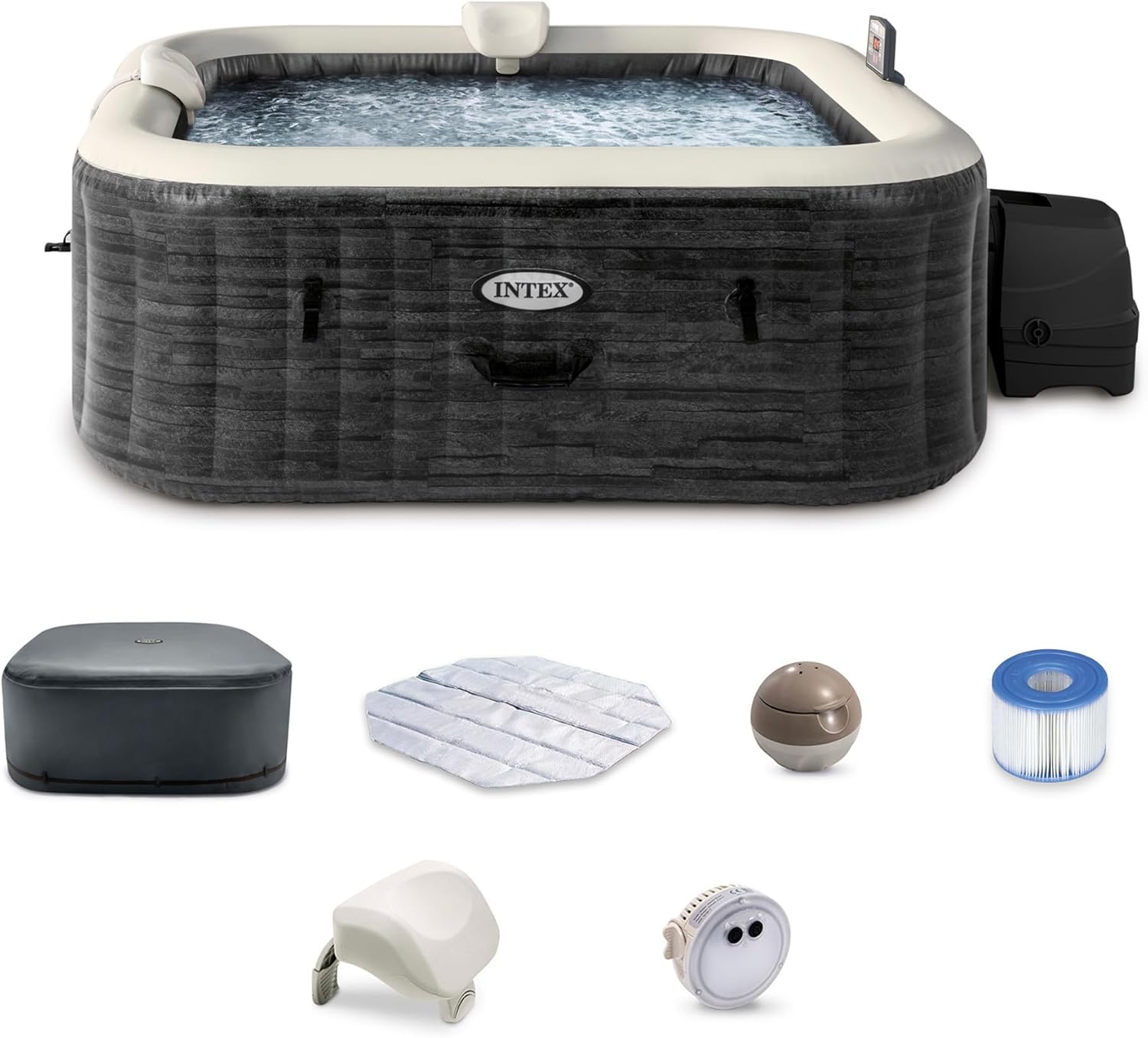 INTEX PureSpa Greystone Deluxe Inflatable Hot Tub  with with Built-in FastFill Inflation System  Spa Control App  and 4 Person Capacity  83