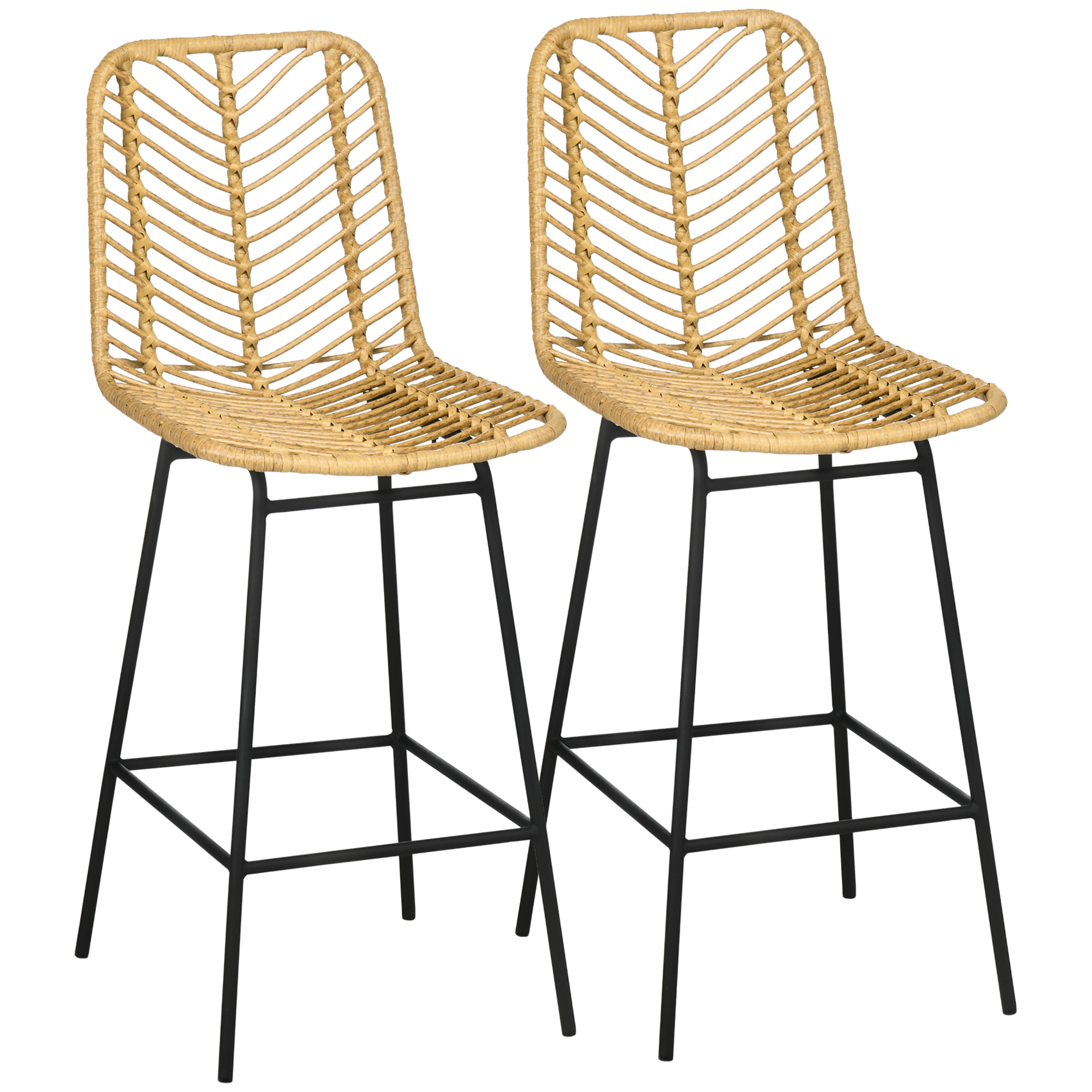 Set van 2 barkrukken in boho-design, PE-rotan, inclusief voetsteun, 42,5 cm x 52 cm x 102 cm, geel+zwart