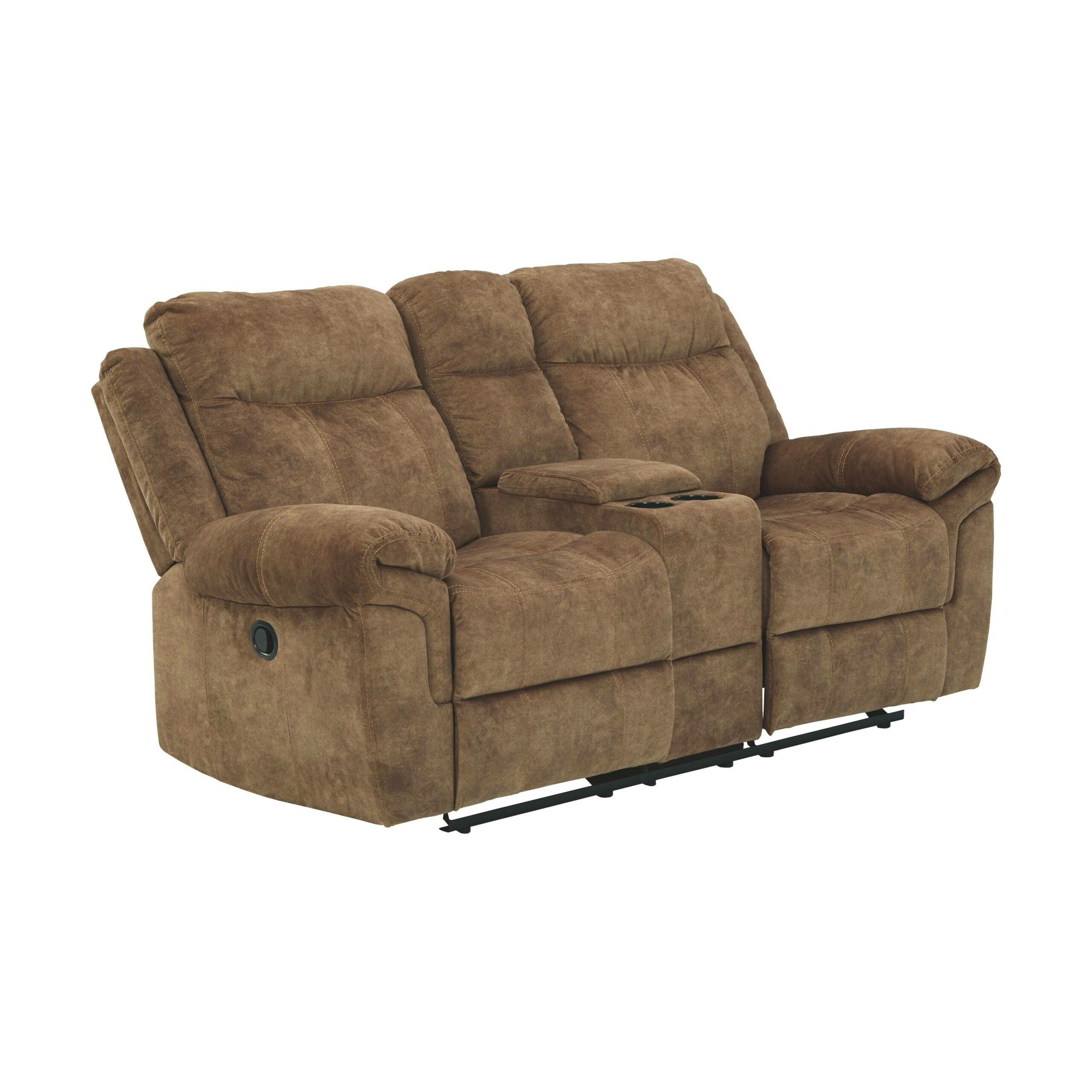 Ashley Furniture Huddle-Up Reclining Loveseat, Nutmeg Brown, Velvet, Console with Storage, Cup Holders, Power & USB Ports