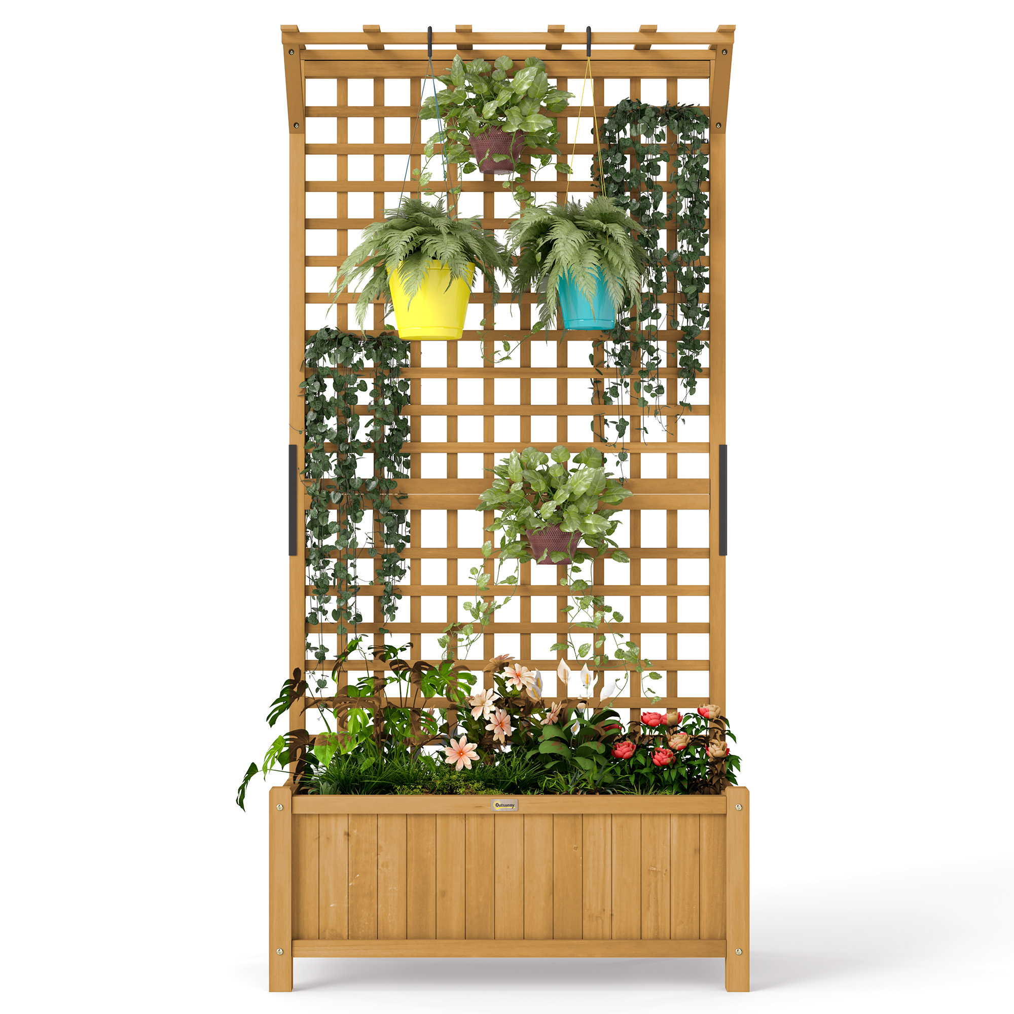 Outsunny Hochbeet mit Spalier und Dach, Pflanzkasten, Blumenbeet, wetterfest, Holz, 90 x 45 x 183 cm, Braun