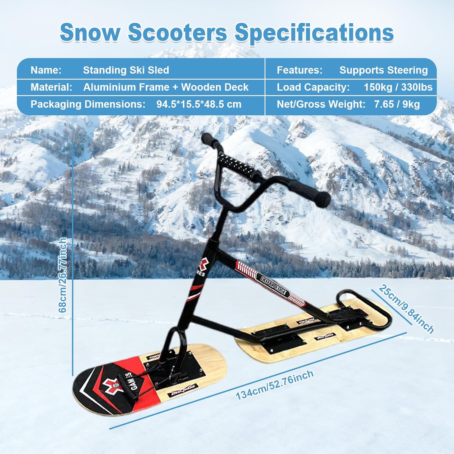 2026 Neuer Schneegleitschlitten, Geländegängiger Schneescooter Für Erwachsene – 360° Drehbare Lenkung + 150 kg Tragfähigkeit, Verstärkter Aluminiumrahmen Für Winterabenteuer Black