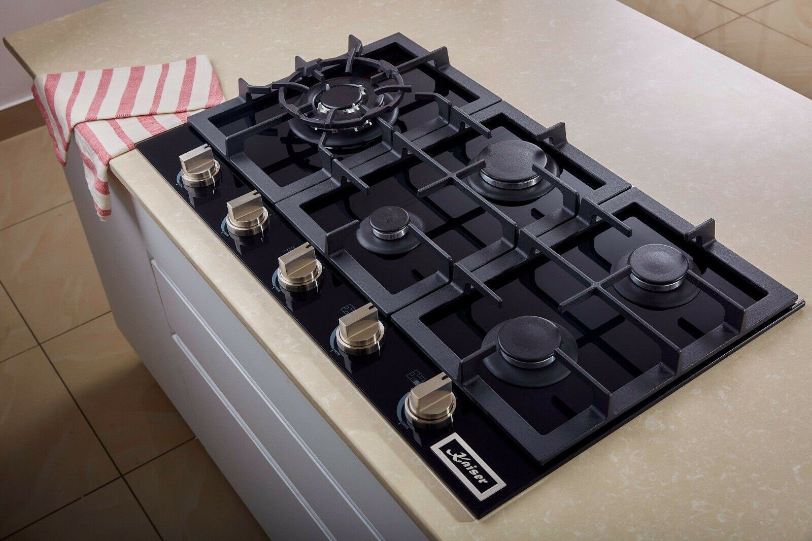 Gas-Kochfeld 90cm, Schwarz Glas, Einbau Herd, 3,8kW WOK