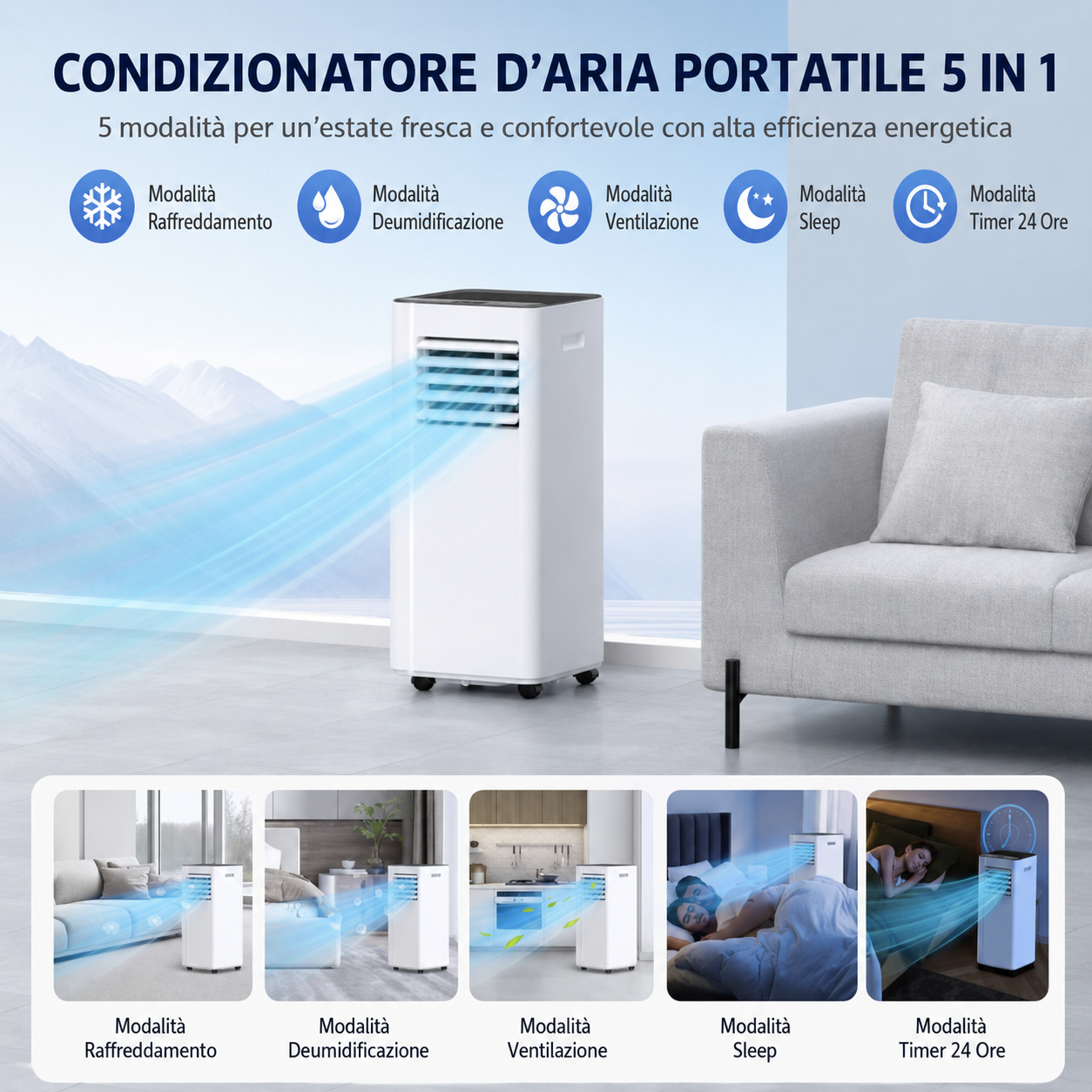 Condizionatore Portatile 16.000 BTU con App WiFi, Climatizzatore 5 in 1 per Ambienti fino a 70 m², Raffreddamento Rapido, Deumidificatore, Ventilatore, Modalità Sleep 40 dB, Timer 24 Ore, per Casa e Ufficio