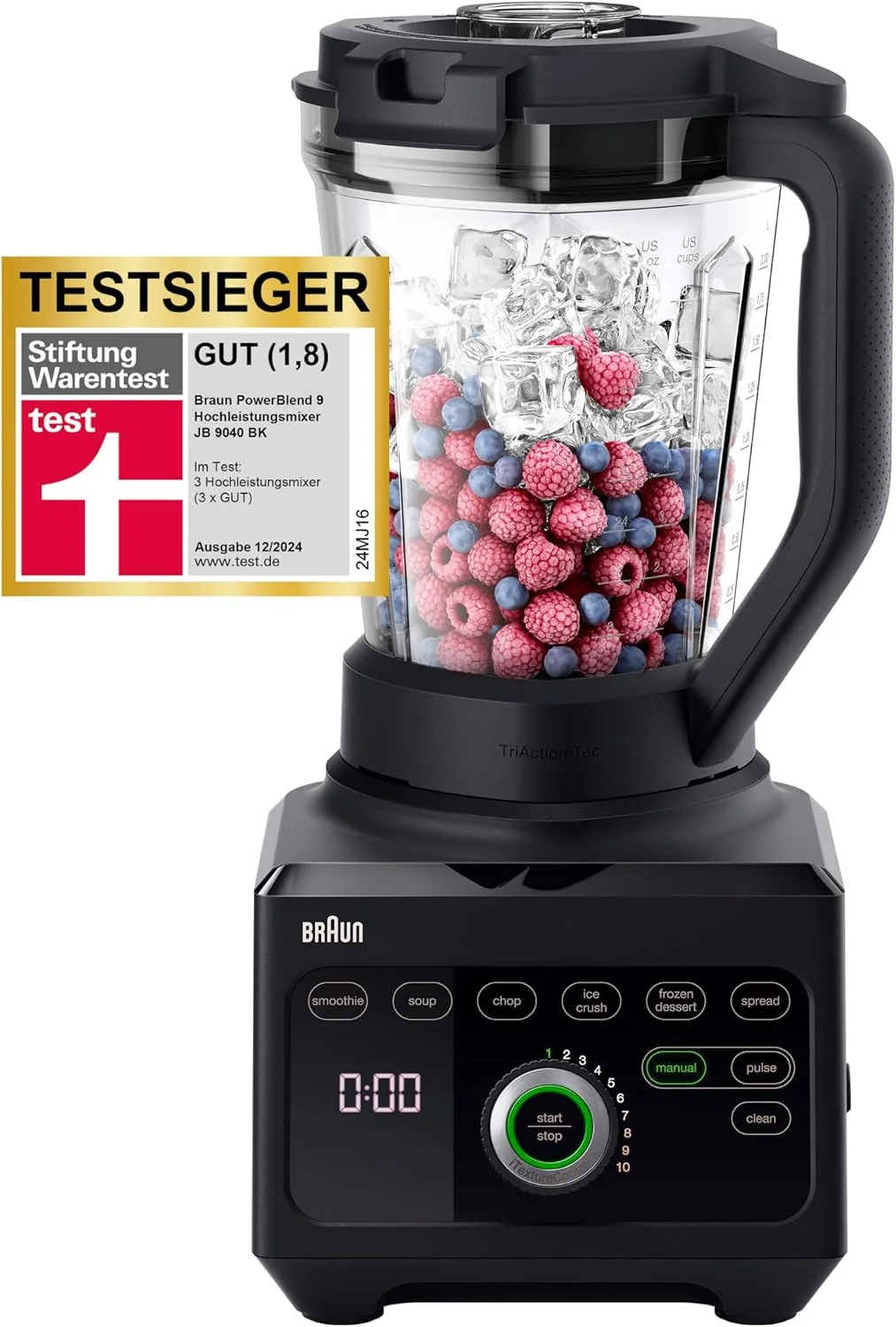 Braun PowerBlend 9 JB9040BK Hochleistungs-Standmixer mit 1600 Watt Motor, 2 l Tritan-Behälter, 18 Programme, 10 Geschwindigkeiten, Schwarz