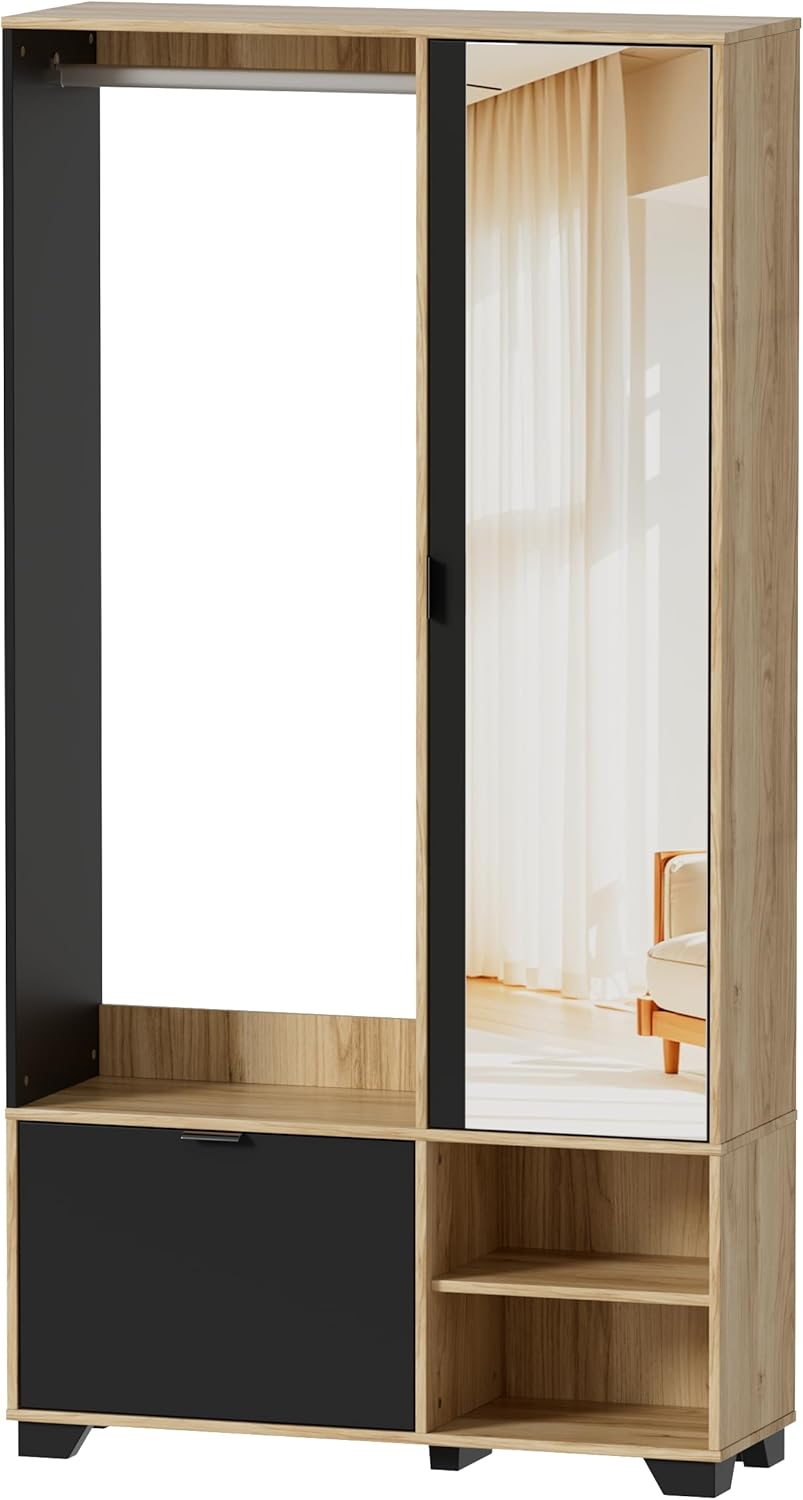 MSFE Entrance Wardrobe with 144 cm Mirror, Compact Wardrobe with Clothes Rail, Shoe Rack and Compartments, Wardrobe Set, Entrance Cabinet with Mirror, 100 x 33 x 190 H cm