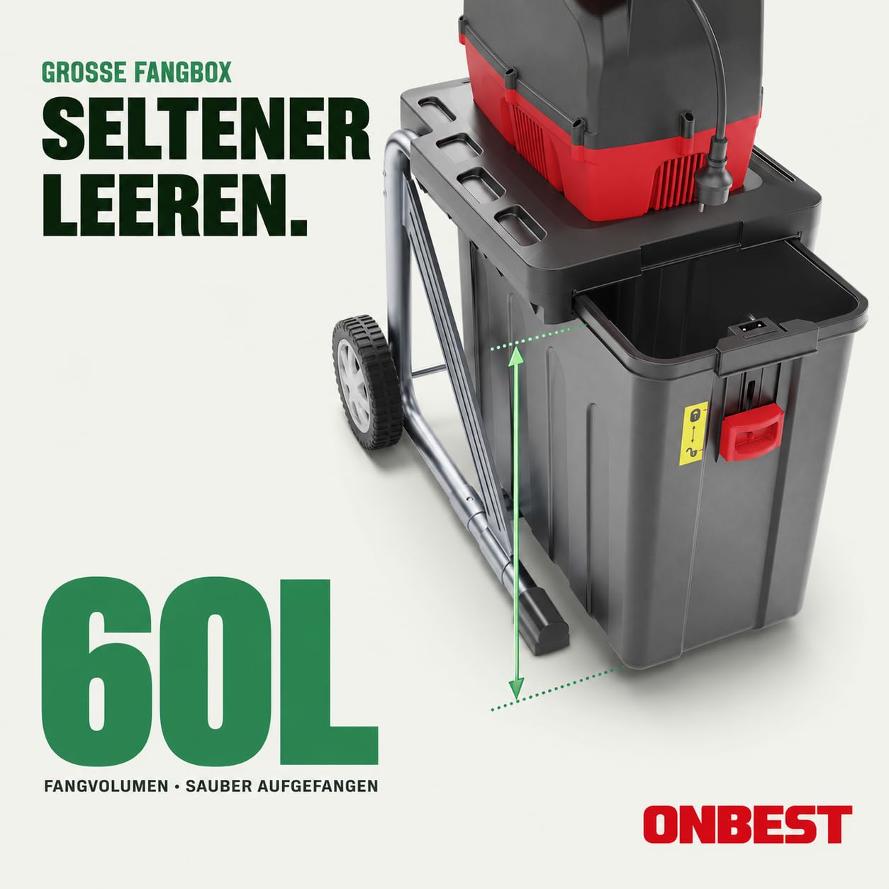 Elektro-Gartenhäcksler 2800 W für Äste bis 44 mm mit 60-Liter-Auffangbox Rücklauffunktion Überlastungsschutz und Selbsteinzug