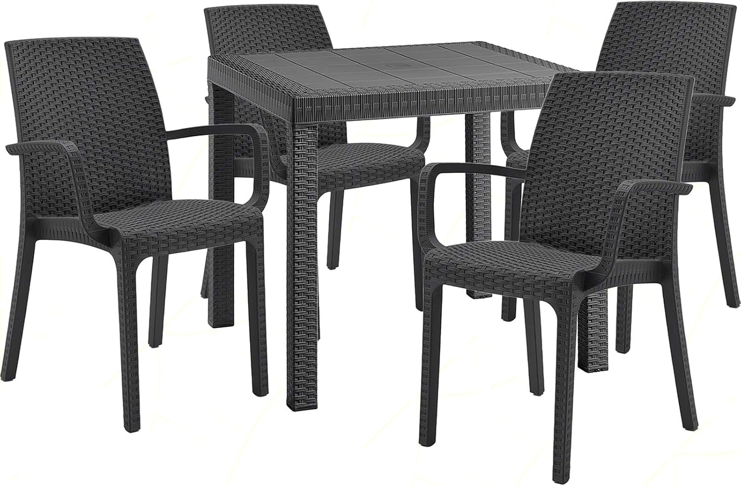 Sicignano Set of 5, 4 Chairs with Armrests + 1 Square Rattan Table – Stackable, UV Resistant, Indoor Outdoor Furniture Bar Pub Garden Terrace, Made in Italy (Anthracite)