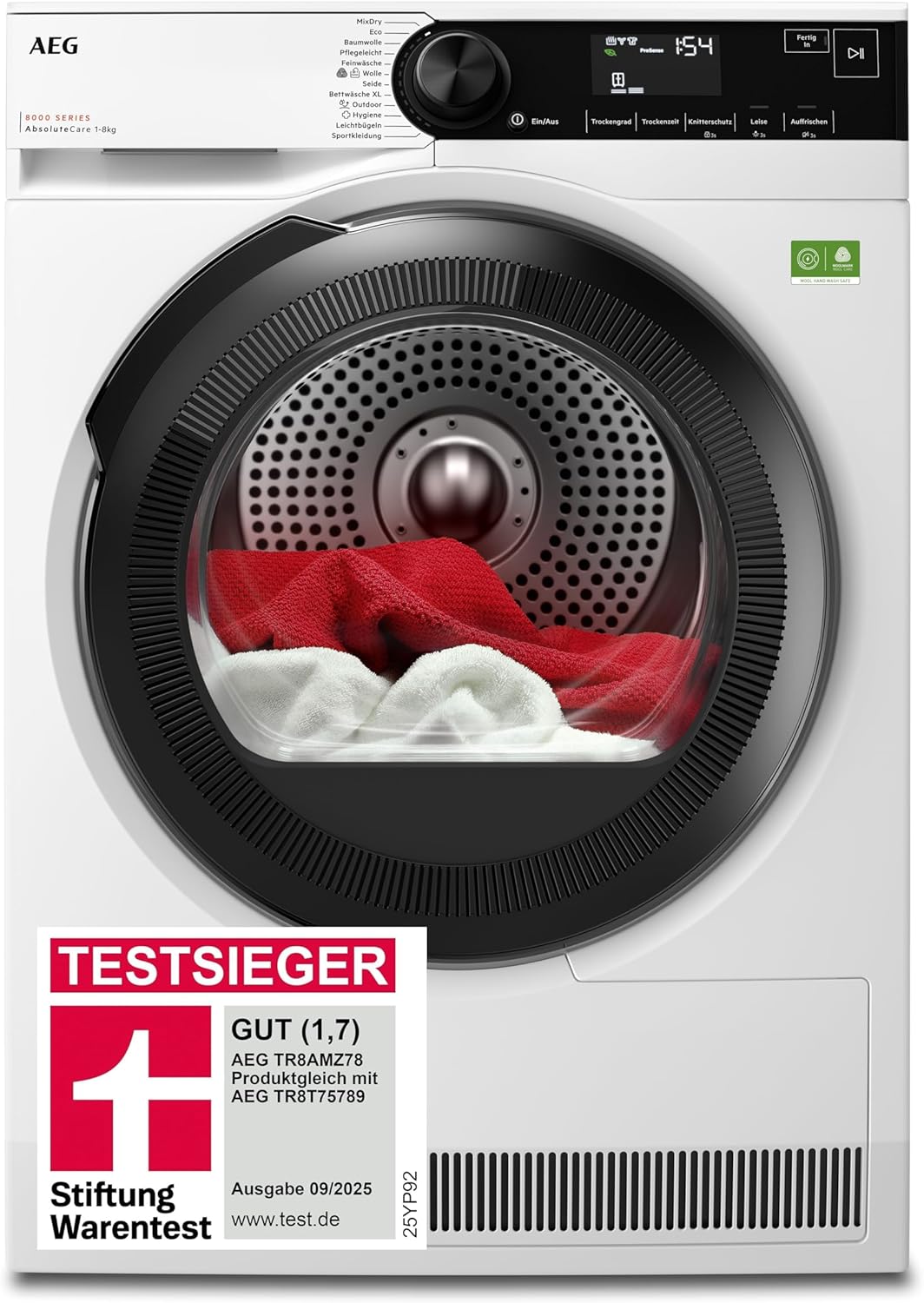 AEG Wärmepumpentrockner 8kg, Testsieger der Stiftung Warentest 2025, neue Energiekl. B, Serie 8000 AbsoluteCare Wolle-  und  Seidetrocknung, Reversierautomatik für Knitterschutz, Innenbeleuchtung TR8AMZ78