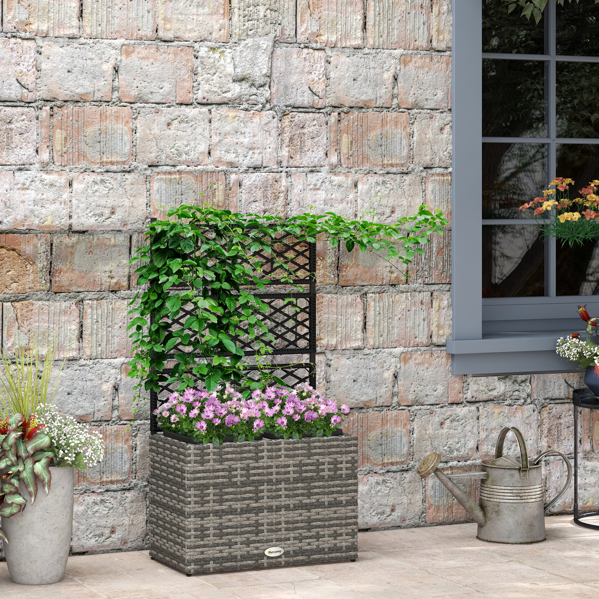 Outsunny Hochbeet mit Rankgitter für Rankpflanzen mit 2 Innenkübeln aus Stahl und PE-Rattan, 57x30x107cm, Grau