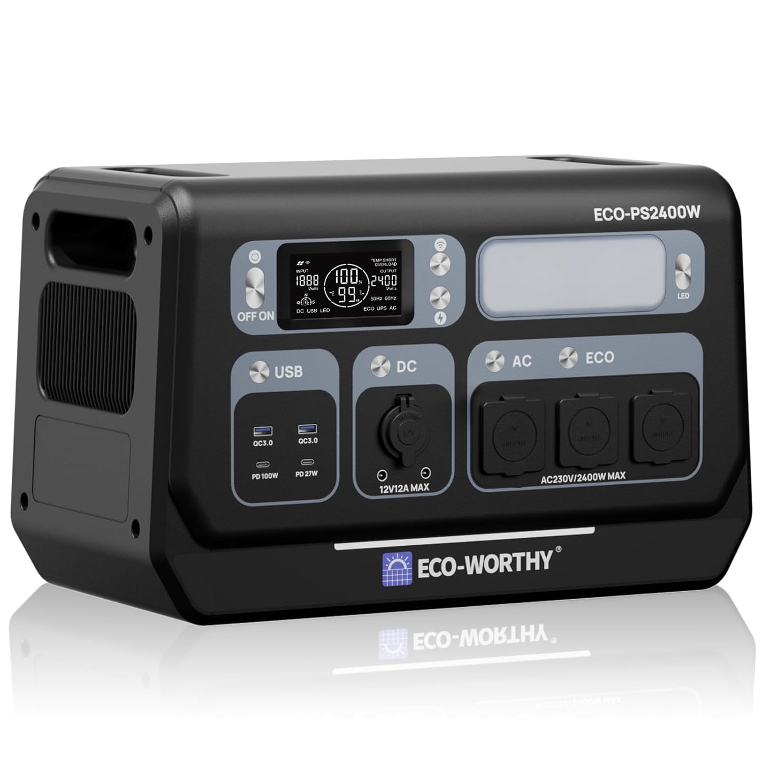 ECO-WORTHY PS2400W Powerstation 2048Wh LiFePO4 Batterie, Solar Generator mit 10 Anschlüssen (4800W Peak) WLAN- und Bluetooth-Funktion für Wohnmobile, Camping, Notfall und Zuhause