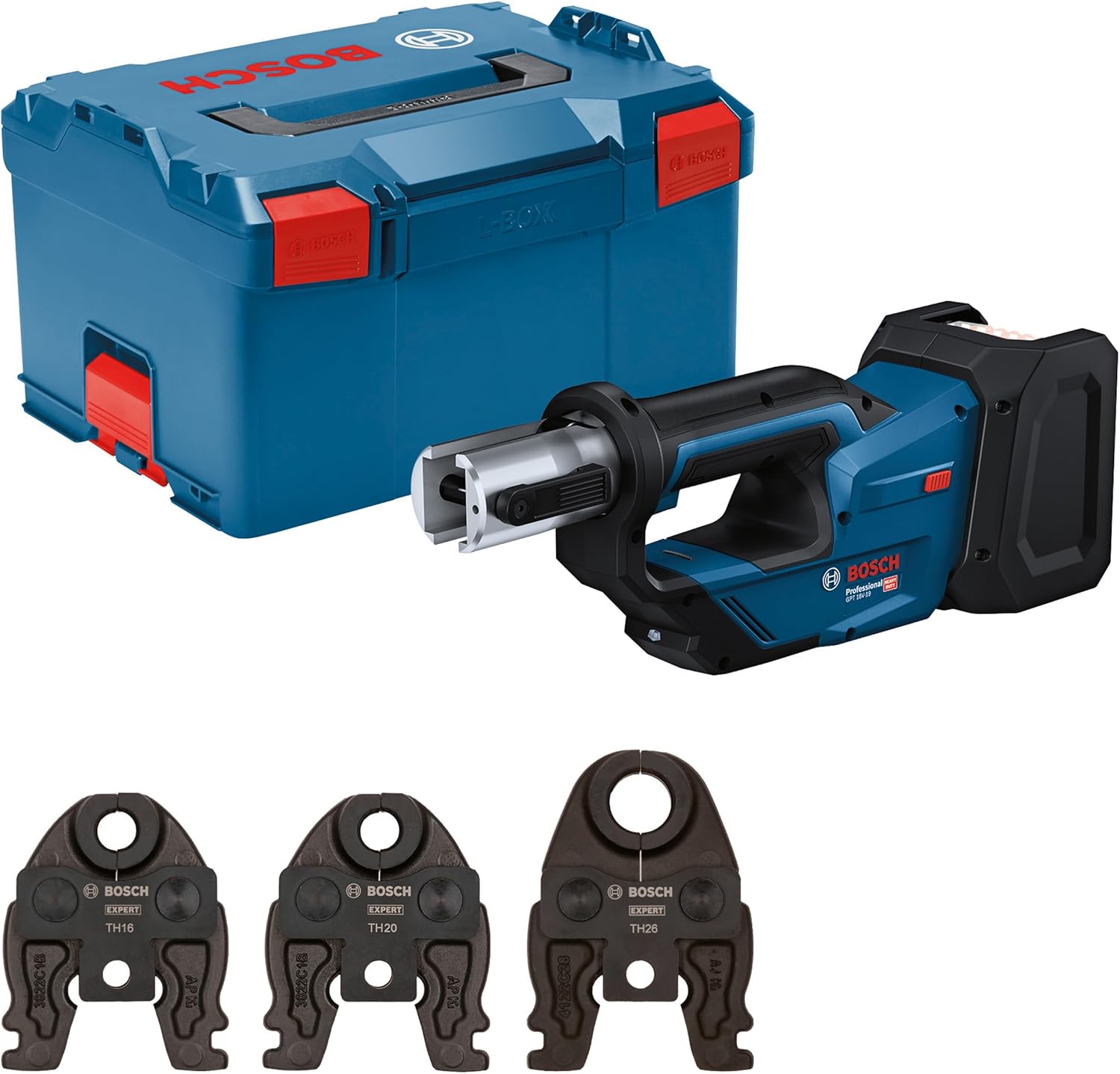 Bosch Professional 18V System Akku Presswerkzeug GPT 18V-19 (19 kN Kraft, um 360° drehbarer Kopf, inkl. Pressbacke Comp. TH16, TH20, TH26, L-BOXX)